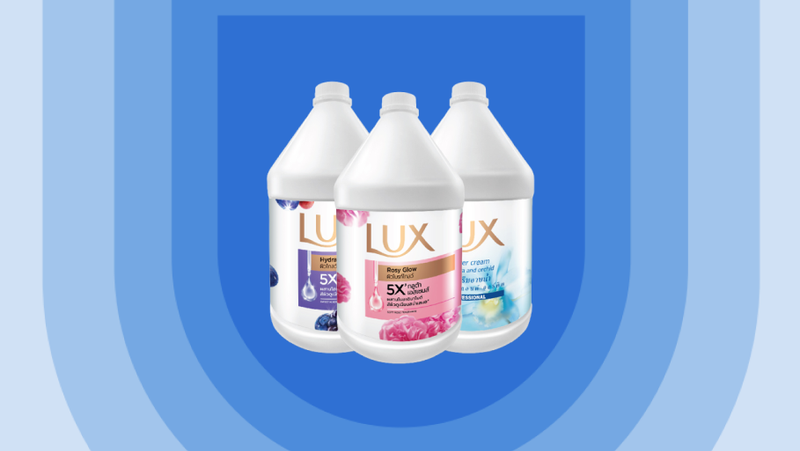 A range of Lux products displayed against an illustrated blue shield background.