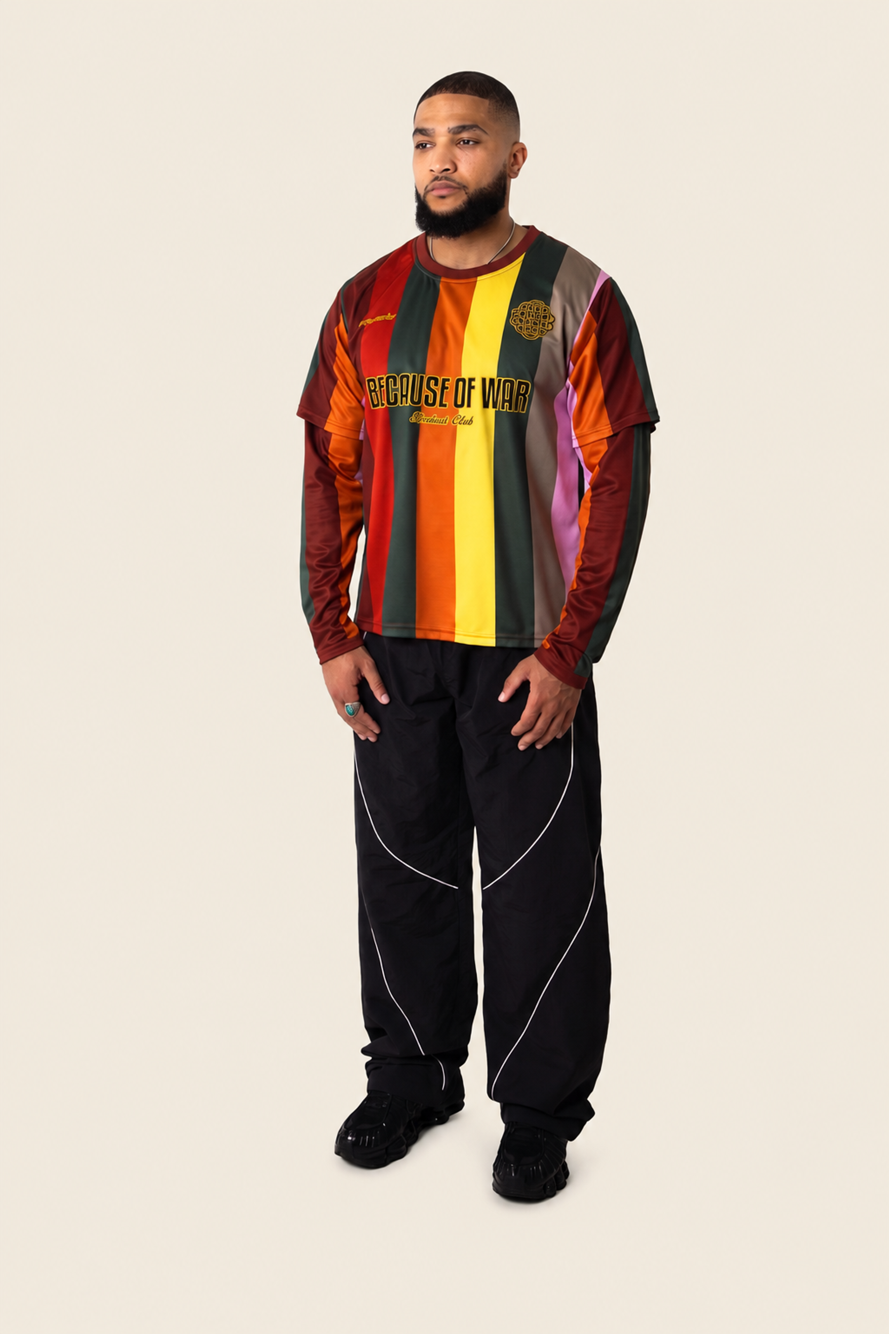 Model wearing multicolored (hearts) jersey