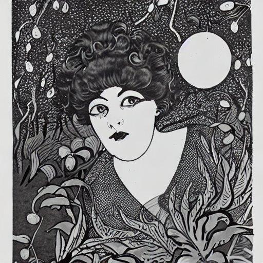 "A woman and the moon in the style of Aubrey Beardsley," made by Shreeda Segan on Hugging Face, using Stable Diffusion