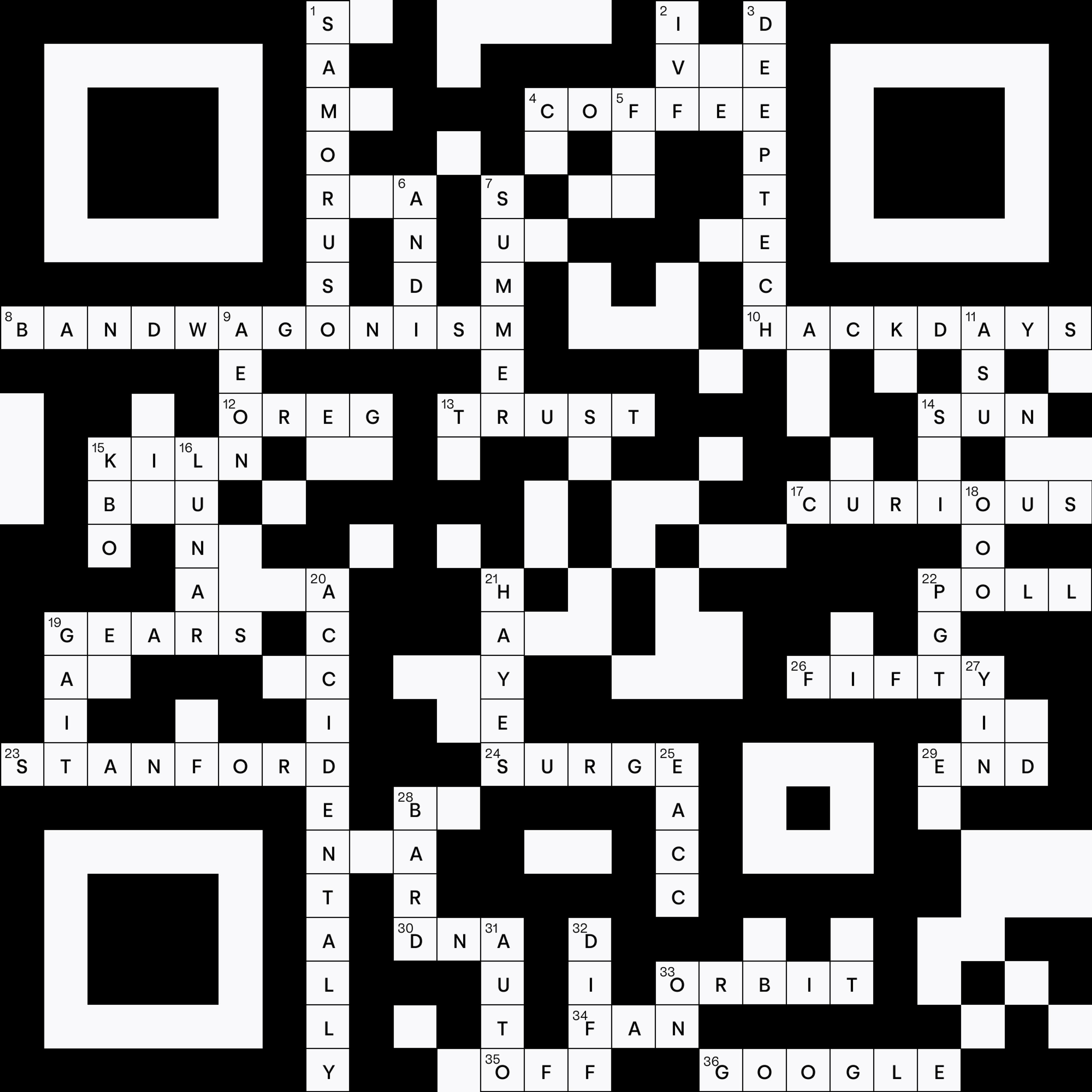 A crossword puzzle meets a QR code, with black and white blocks and answers in image. | Meridian