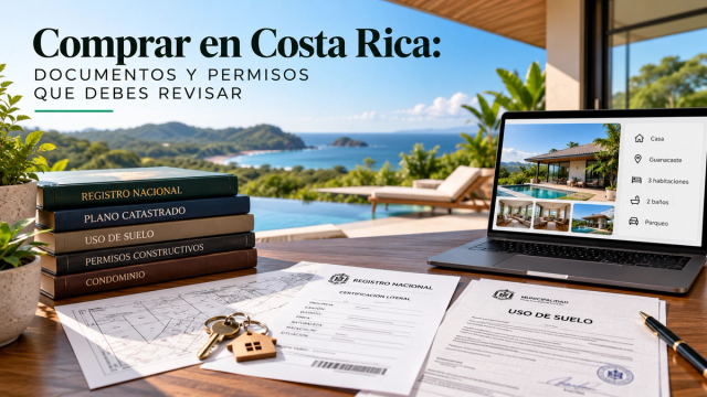 Documentos y permisos para comprar propiedad en Costa Rica, con planos, llaves y una vivienda moderna.