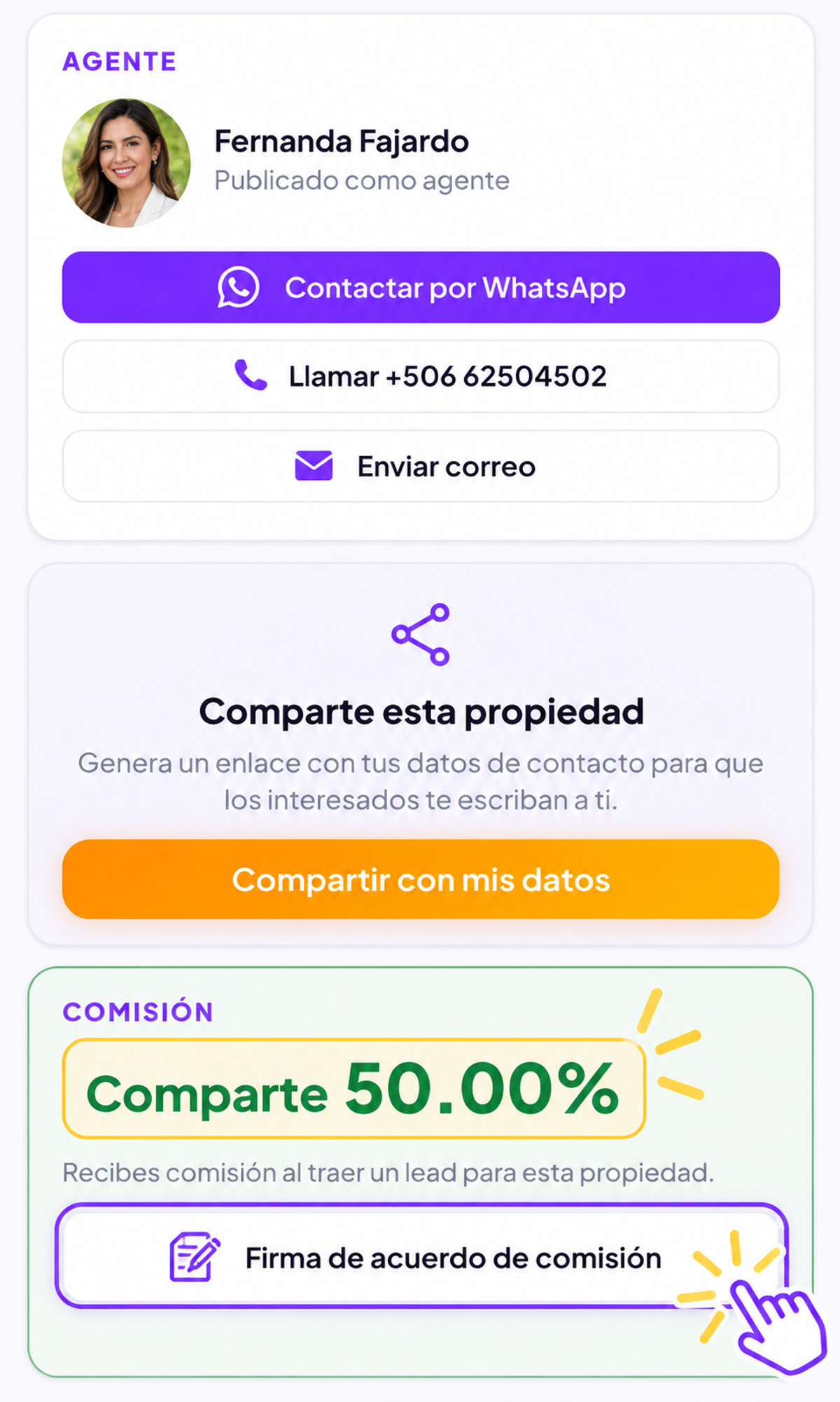 Global Reals muestra el porcentaje de comisión compartida entre asesores inmobiliarios y la opción de firmar un acuerdo de comisión para una propiedad en Costa Rica