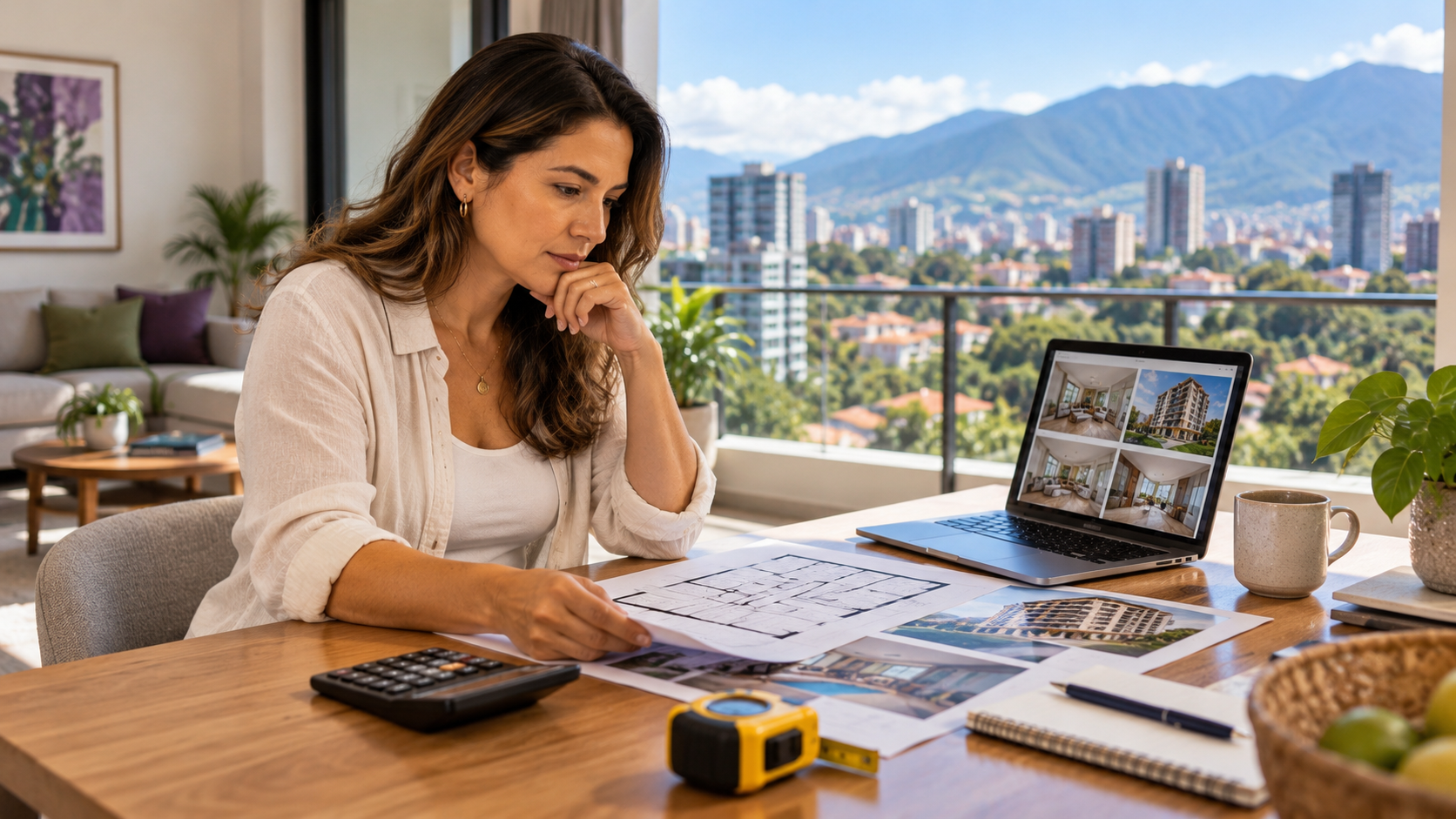 Compradora comparando las características y espacios de un apartamento antes de comprar en Costa Rica.