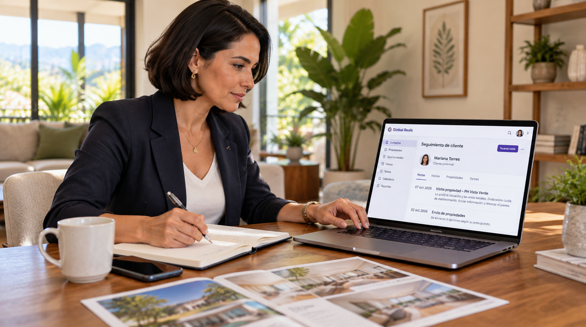 Asesora inmobiliaria organizando en un CRM el seguimiento de un cliente después de una visita a una propiedad