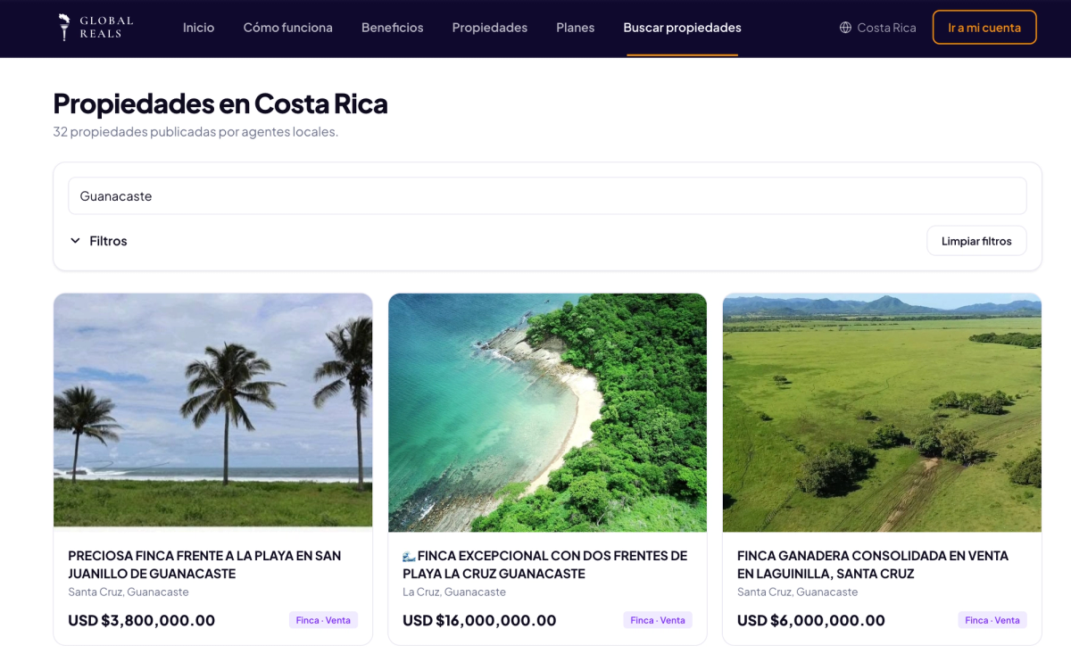 Propiedades en venta en Guanacaste, Costa Rica, disponibles en Global Reals para comparar opciones de inversión inmobiliaria