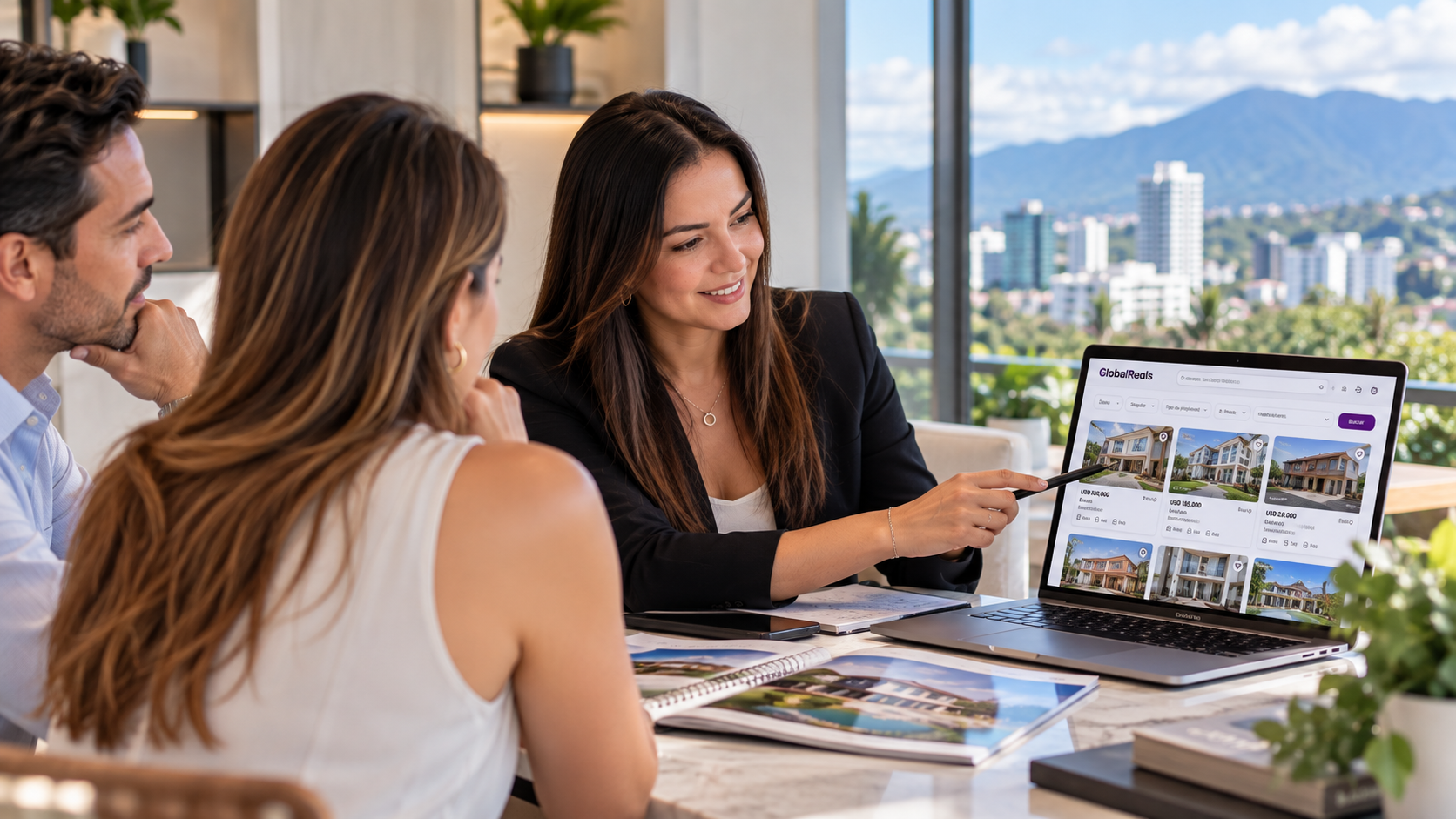 Agente inmobiliario atendiendo clientes y mostrando propiedades en Costa Rica.