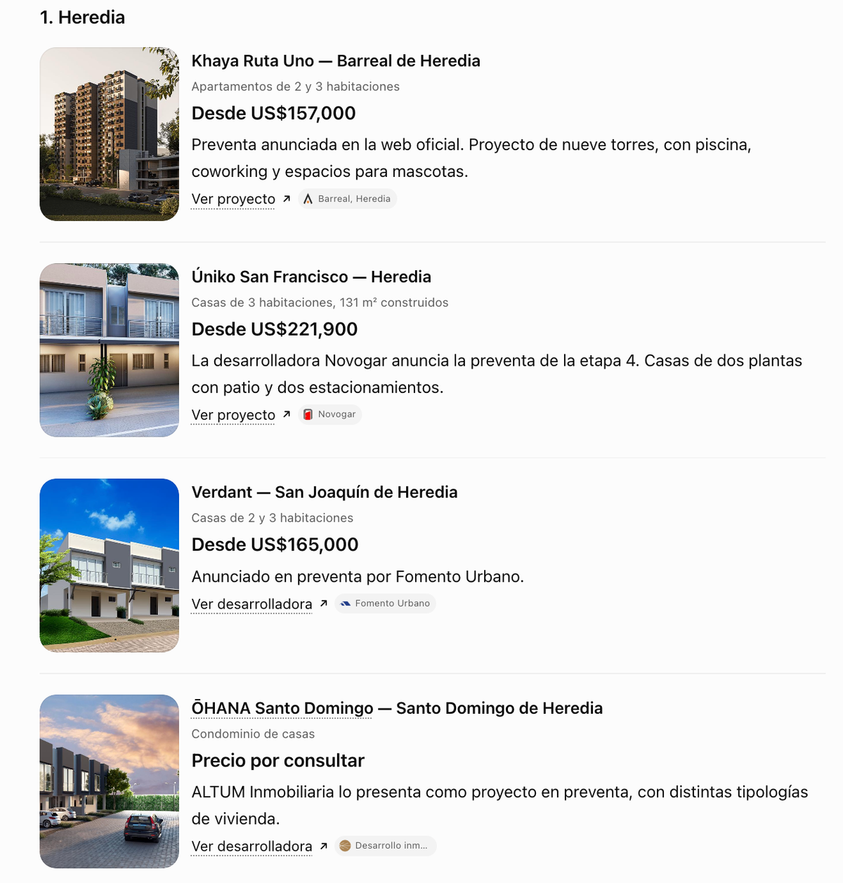 Propiedades reales en preventa en Heredia
