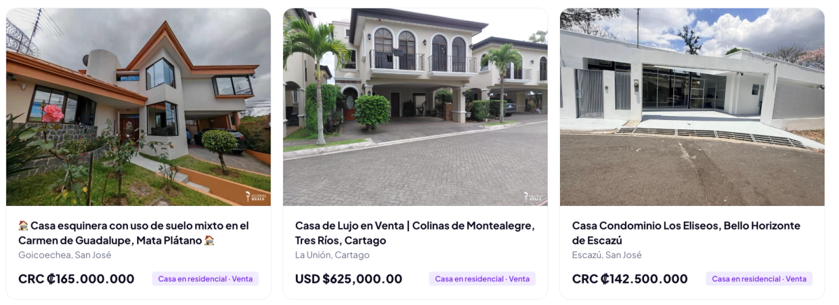 Casas en venta en Goicoechea, La Unión de Cartago y Escazú, Costa Rica, publicadas en Global Reals.