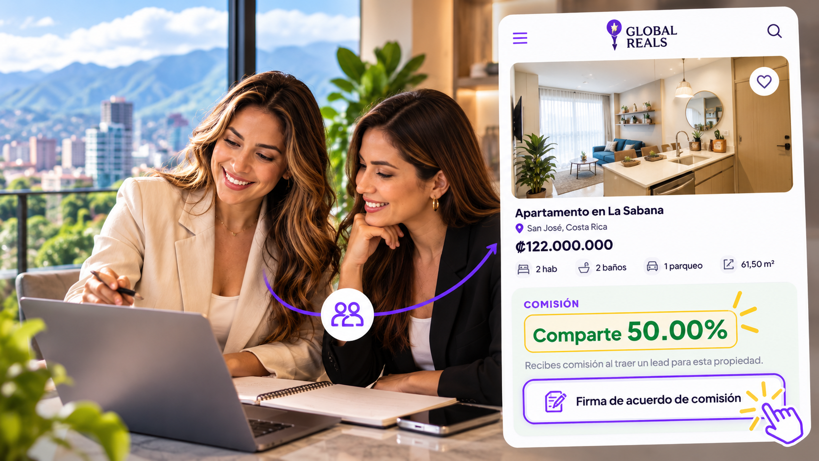 Asesores inmobiliarios comparten comisión en Global Reals mediante un acuerdo de co-broker en Costa Rica.