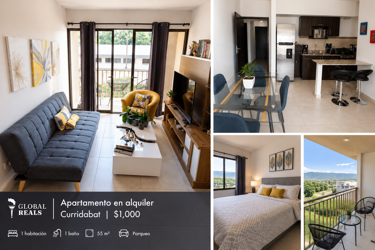Apartamento en alquiler en Curridabat por $1,000 mensuales, con sala amueblada, cocina equipada, comedor y balcón