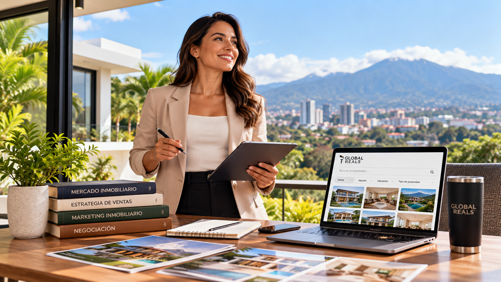 Agente inmobiliaria en Costa Rica utilizando Global Reals para gestionar propiedades y comenzar su negocio de bienes raíces