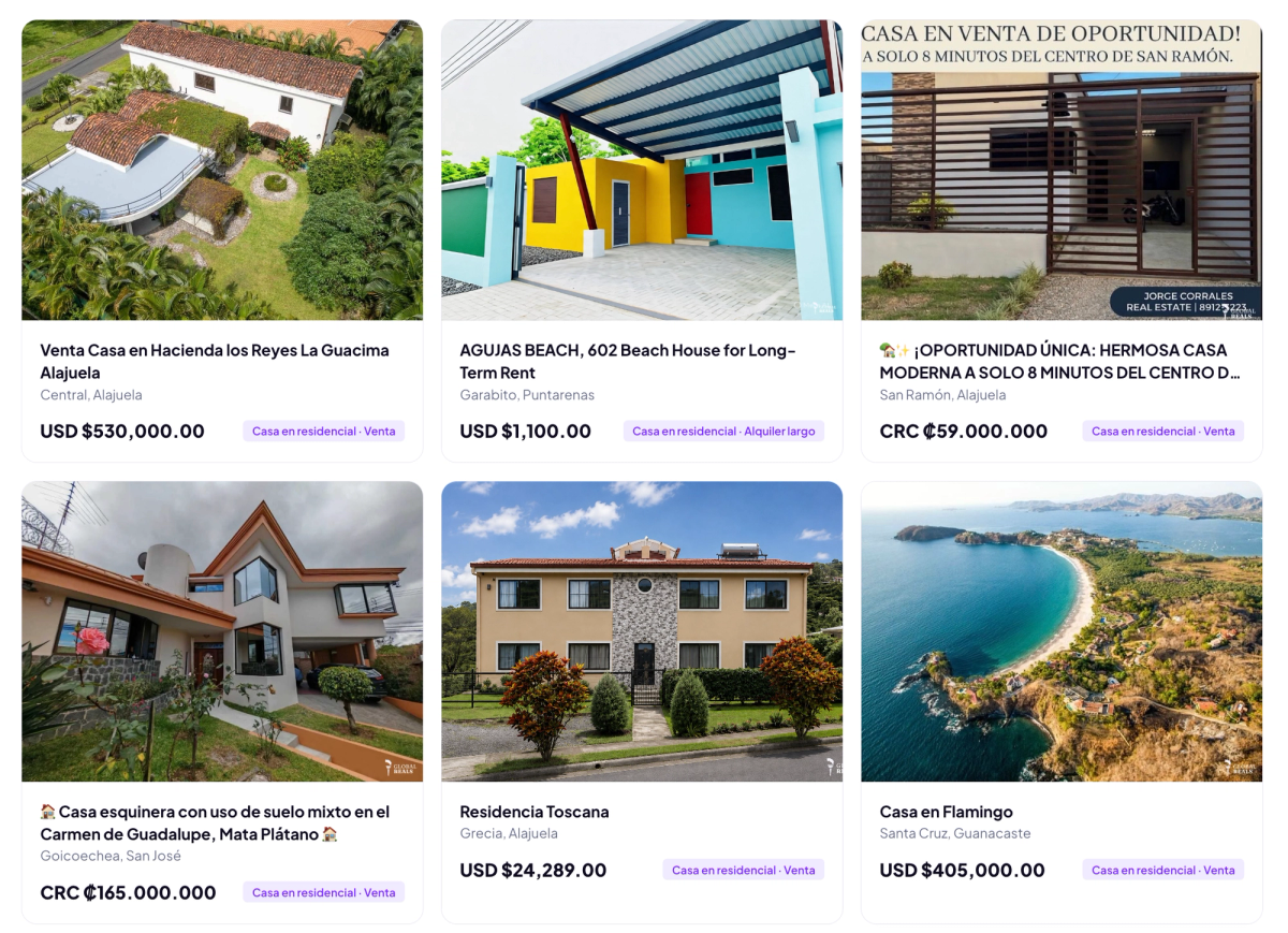 Propiedades anunciadas en Costa Rica, incluyendo casas en Alajuela, San José, Guanacaste y Puntarenas, con fotografías, precios, ubicaciones y modalidades de venta o alquiler.