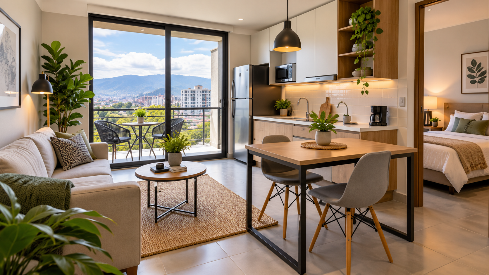 Apartamento pequeño y moderno con sala, comedor y cocina integrados, dormitorio independiente, balcón e iluminación natural. Un ejemplo de cómo aprovechar los espacios reducidos para crear un hogar cómodo y funcional.