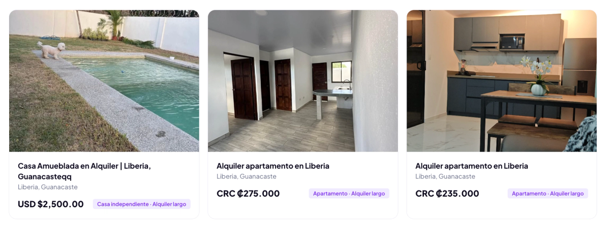 Propiedades en alquiler a largo plazo en Liberia, Guanacaste, Costa Rica. Selección de casas y apartamentos con diferentes características y precios, disponibles en Global Reals, que muestran opciones inmobiliarias en una zona de interés turístico y residencial