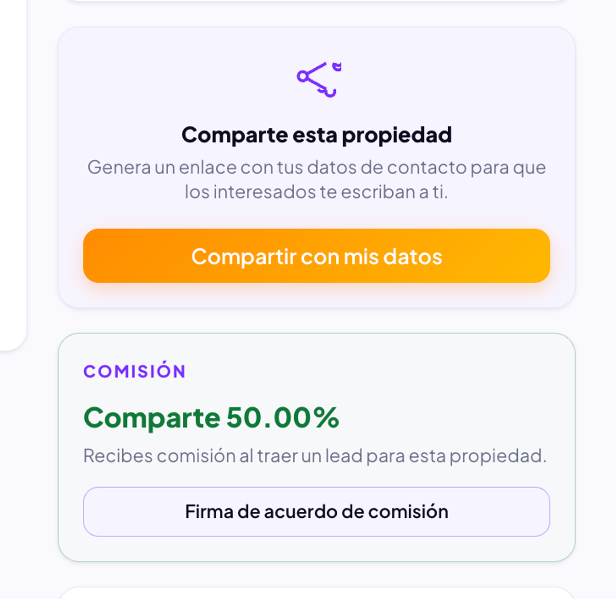 Funcionalidad de Global Reals para acceder al acuerdo de comisión compartida entre asesores inmobiliarios en Costa Rica.