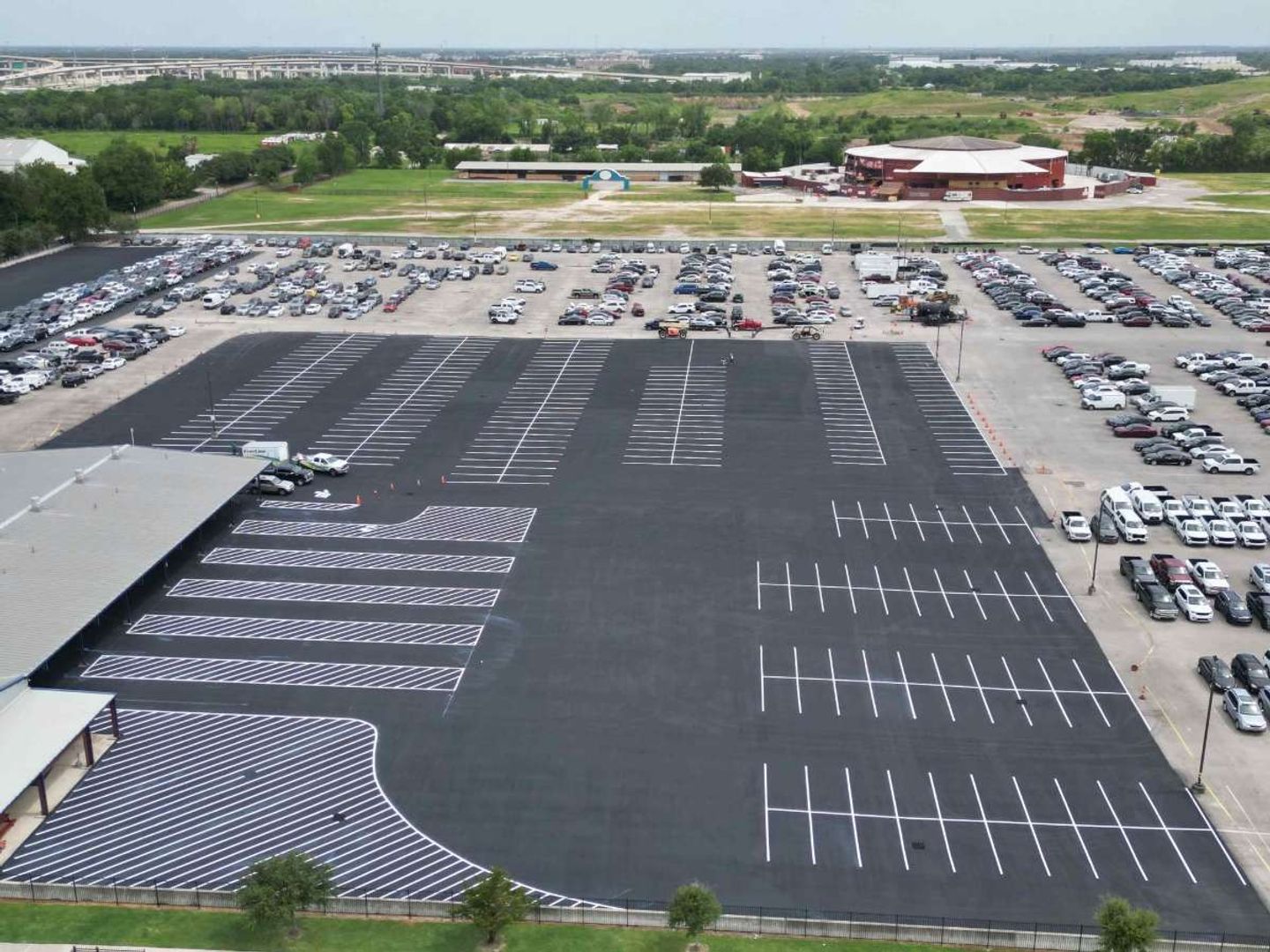 Aerial view of a large AAA Paving commercial paving project in the Houston metro