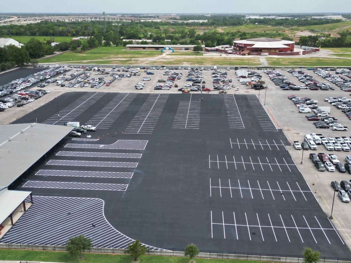 Aerial view of a large AAA Paving commercial paving project in the Houston metro