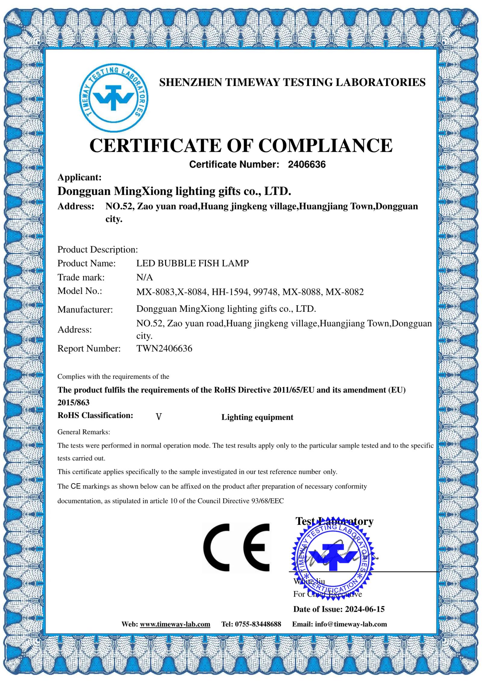 MX-99748 Bubble Fish Lamp RoHS certificate preview