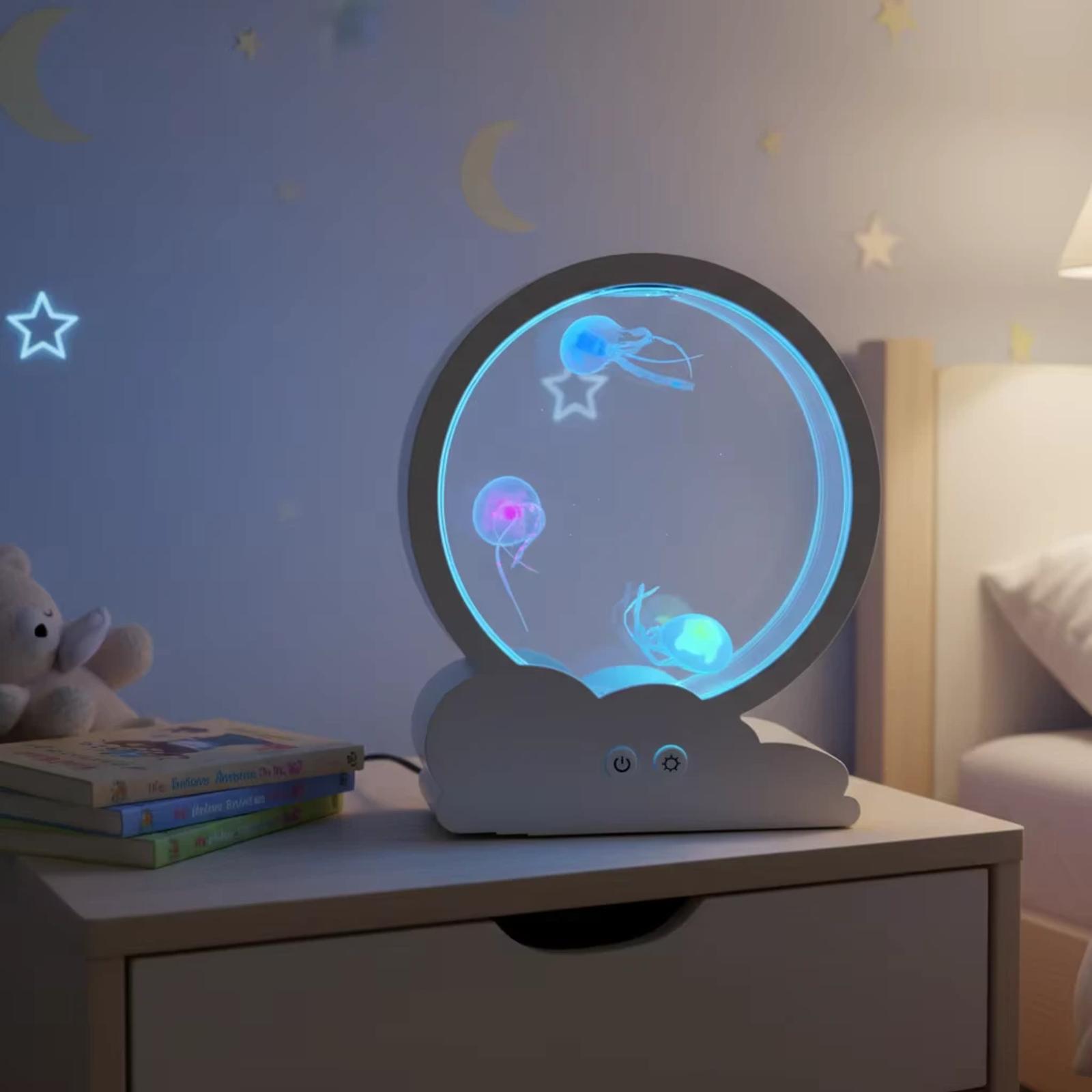 MX-5013C jellyfish night light glowing on a bedside cabinet in a kids bedroom setting
