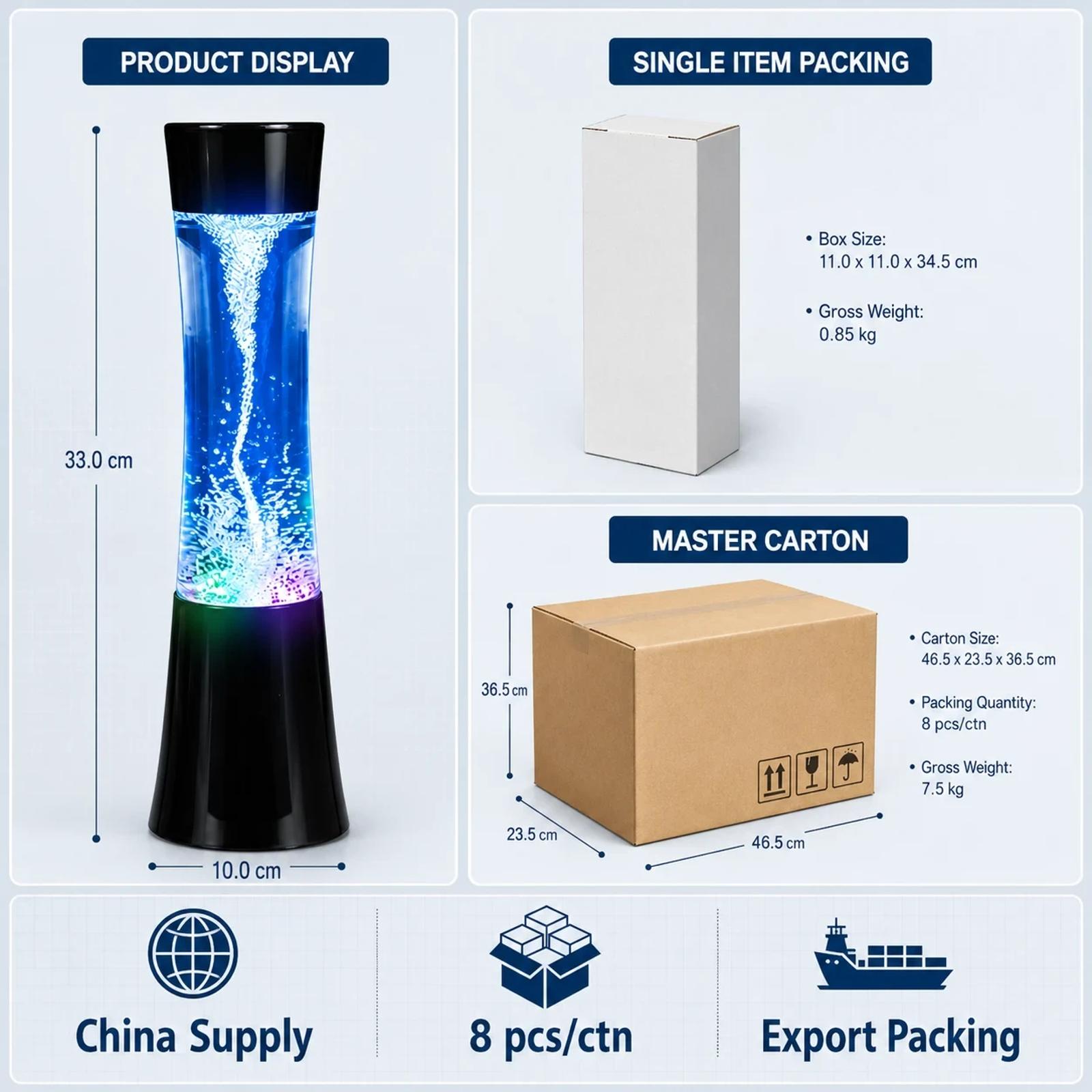 Wholesale support image for MX-3025T LED tornado lamp with color box and carton supply information