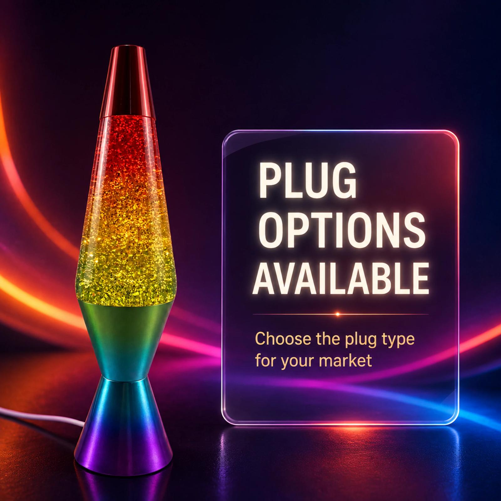 MX-3027A liquid glitter lamp with plug options available for different destination markets