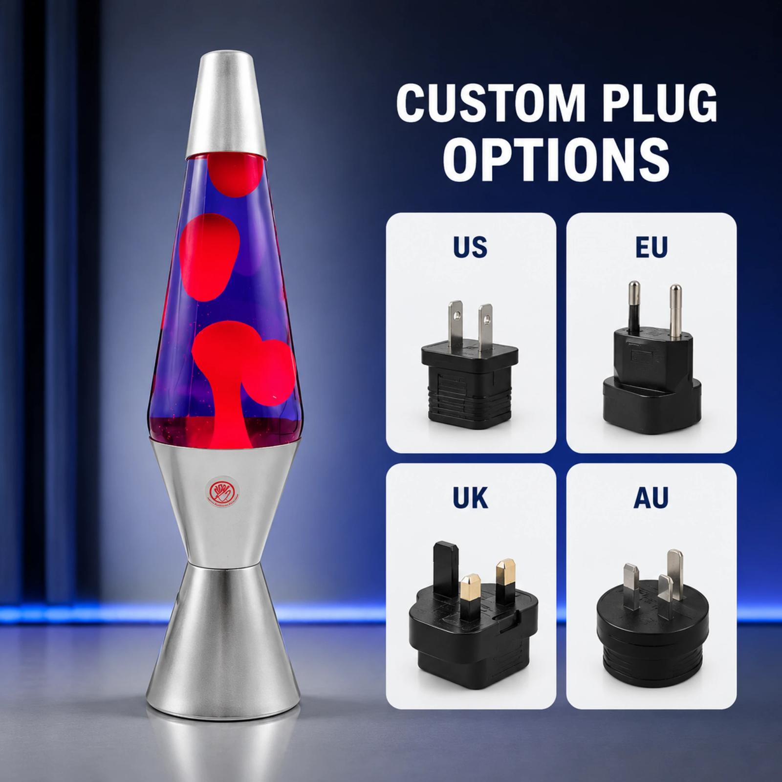 MX-3027 metal lava lamp with customizable US, EU, UK, and AU plug options