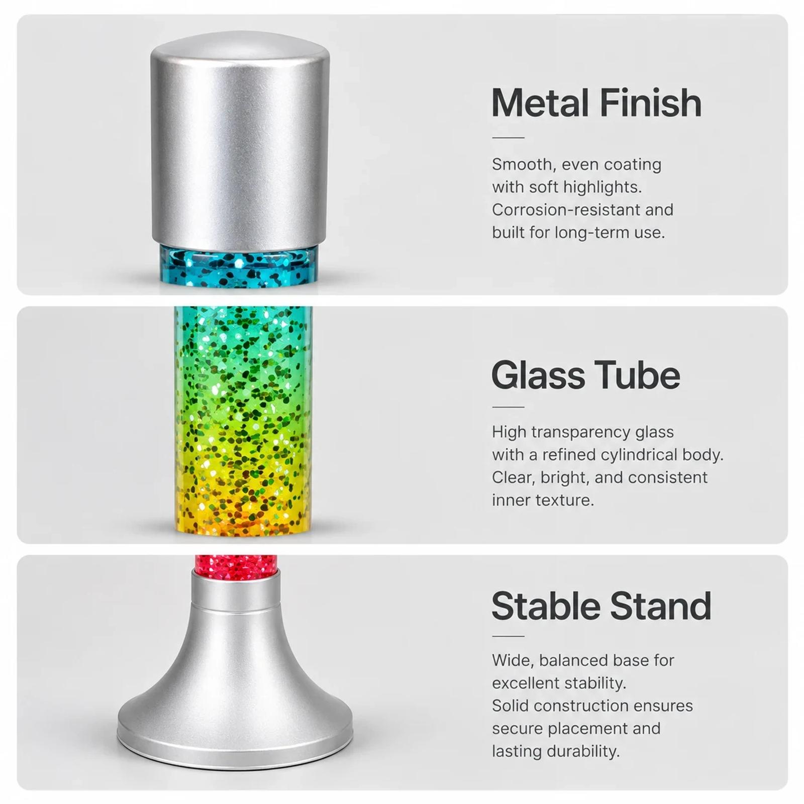 MX-8009 glitter display lamp showing structure and metal glass finish detail