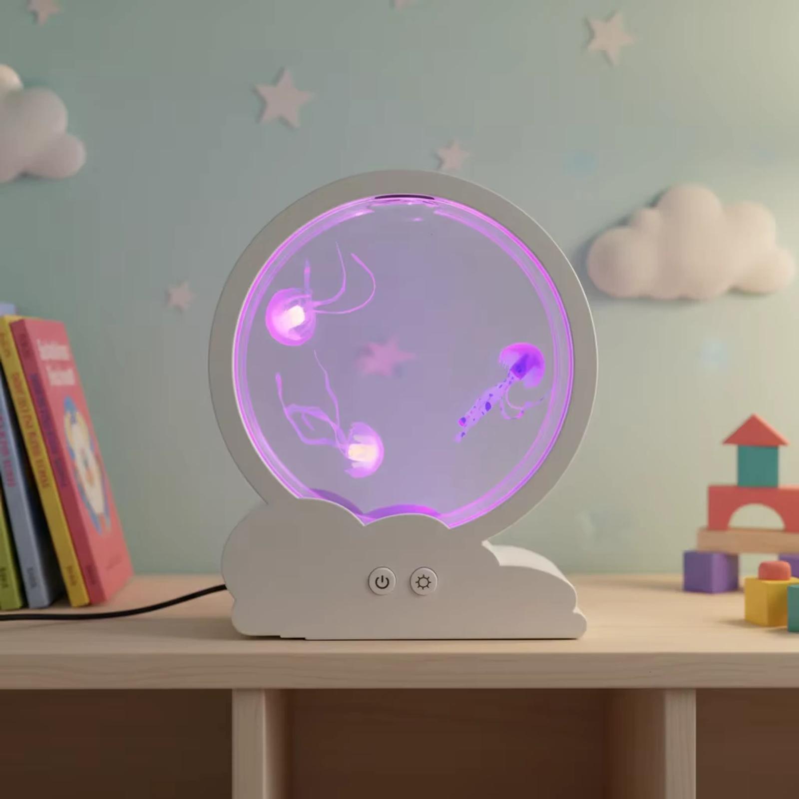 MX-5013C pink jellyfish lamp displayed on a shelf in a pastel kids room scene