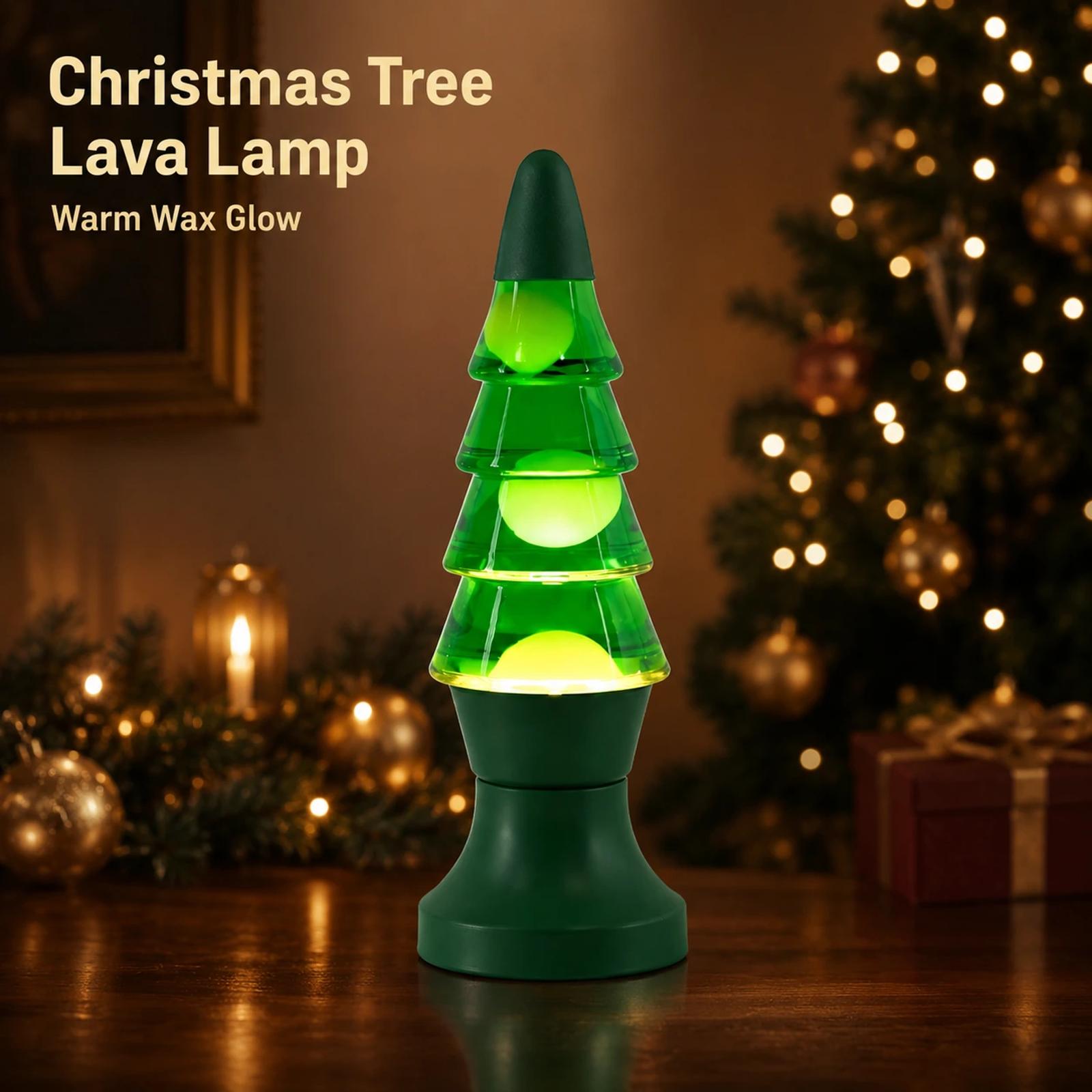 MX-3020 Christmas tree shaped lava lamp glowing in a warm holiday tabletop scene with green glass and wax light.