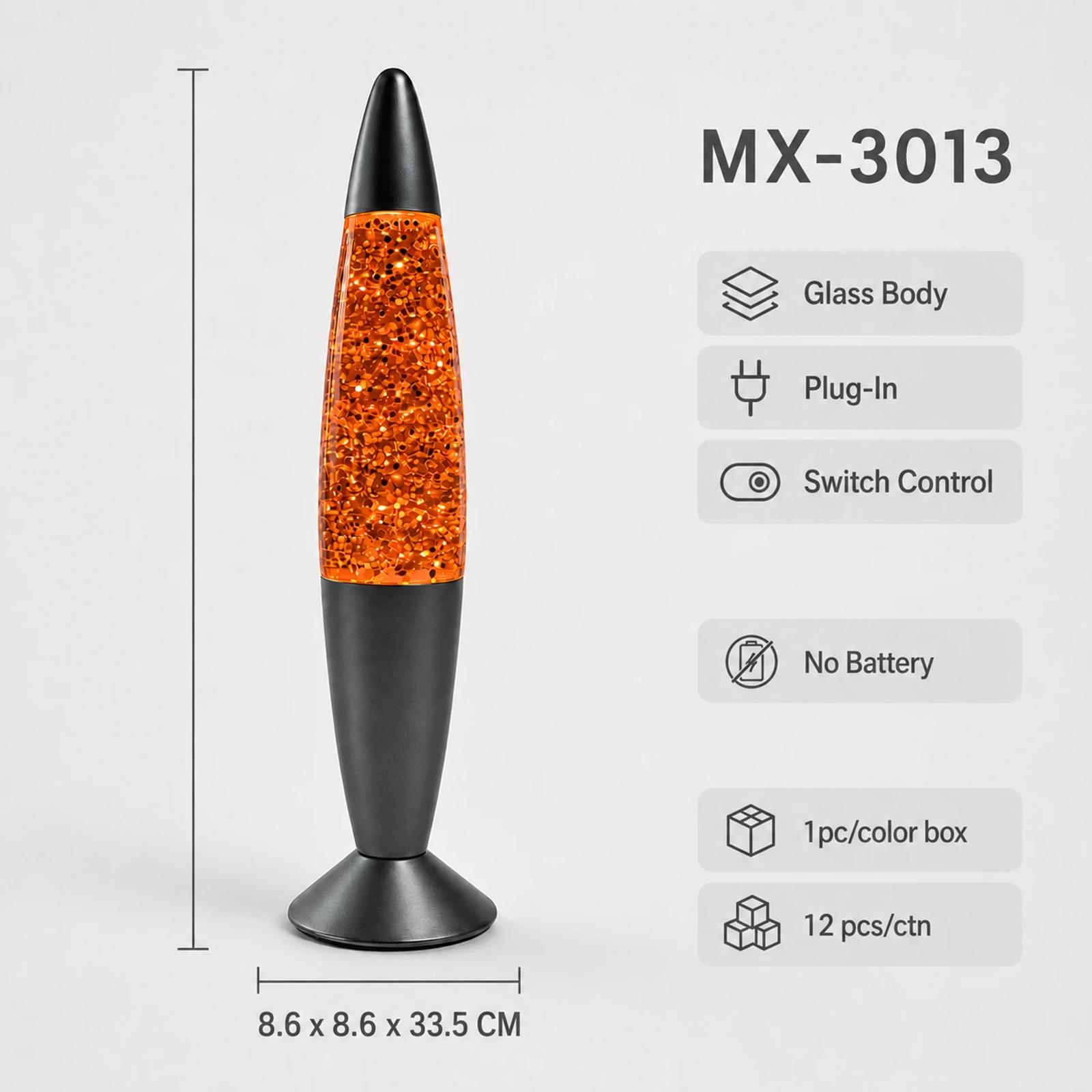 Specification image for MX-3013 plug-in glass glitter night light showing catalog size, glass body, no battery, switch control, and 12 pcs per carton.