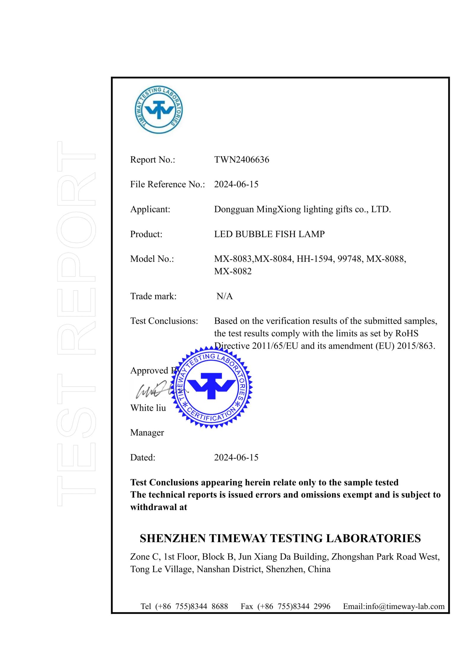 MX-8084 Bubble Fish Lamp RoHS certificate preview