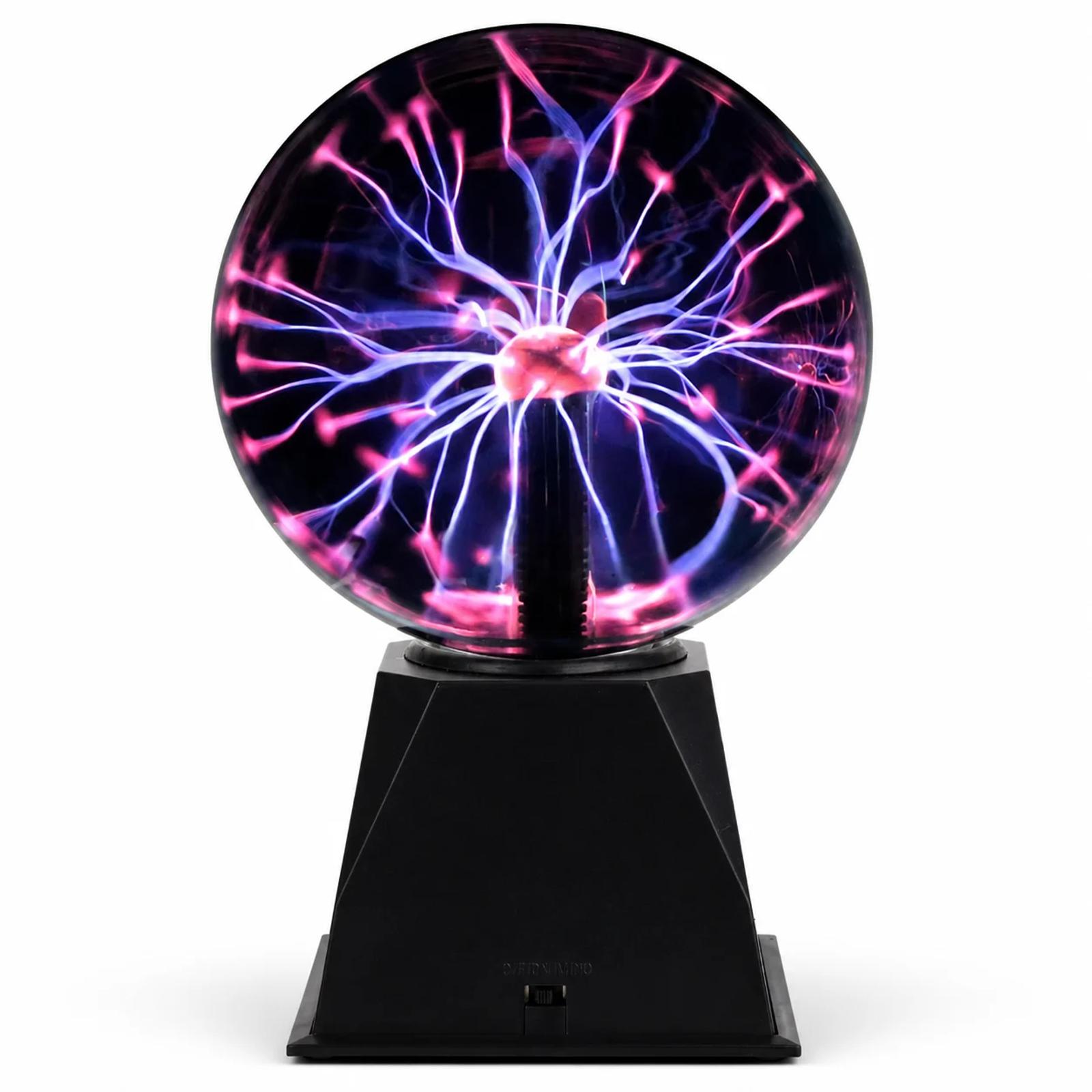 Front product view of MX-7012 plasma ball LED night light with transparent sphere, pink and blue plasma arcs, black base and front switch.