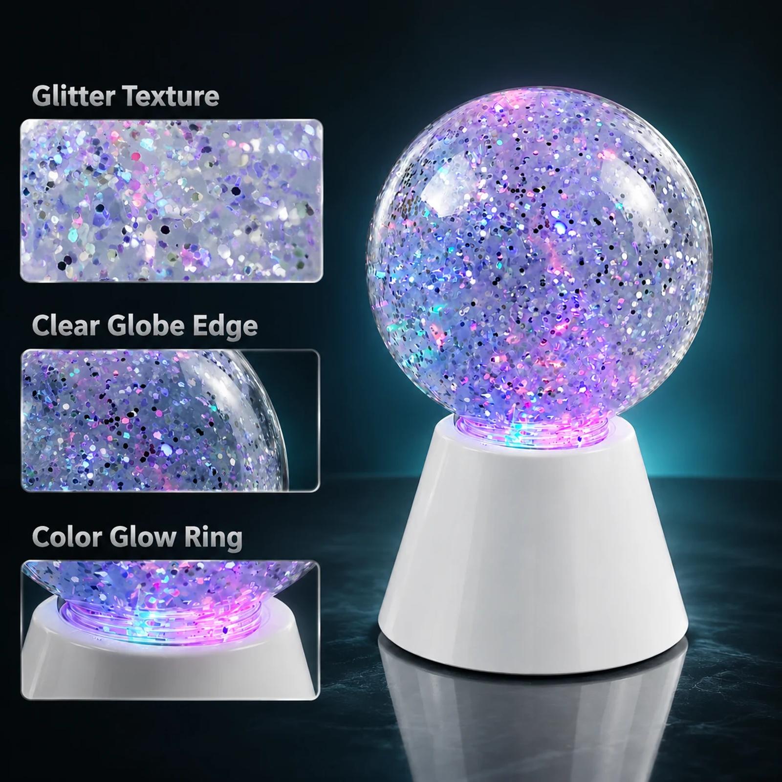 MX-3100G glitter ball lamp detail showing glitter texture, clear globe edge and color glow ring