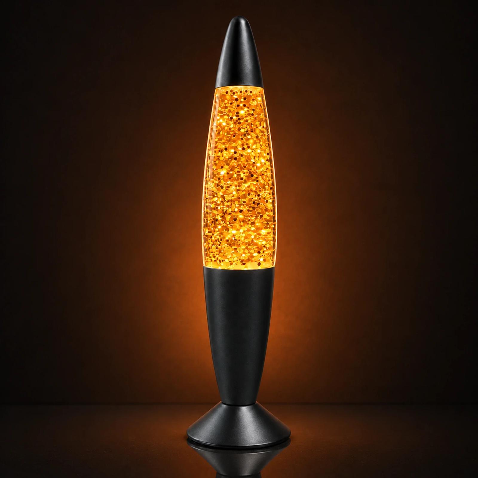 MX-3013 plug-in glass glitter night light with black cap and warm orange glowing glitter effect.
