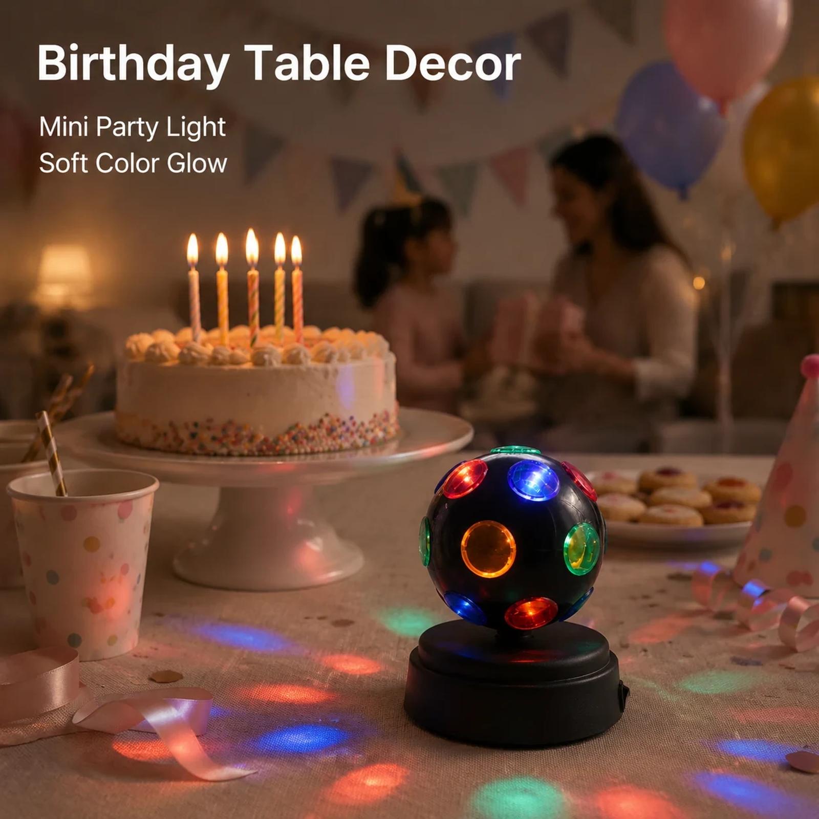 MX-6016-1 mini disco party light used as a colorful birthday table decoration