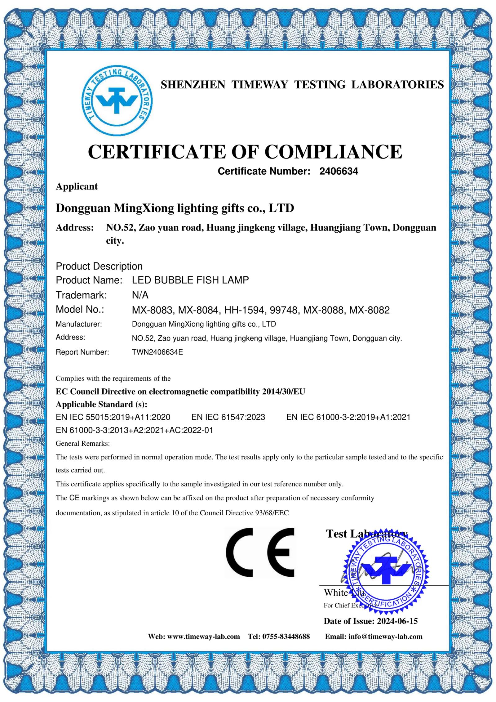 MX-99748 Bubble Fish Lamp CE EMC certificate preview