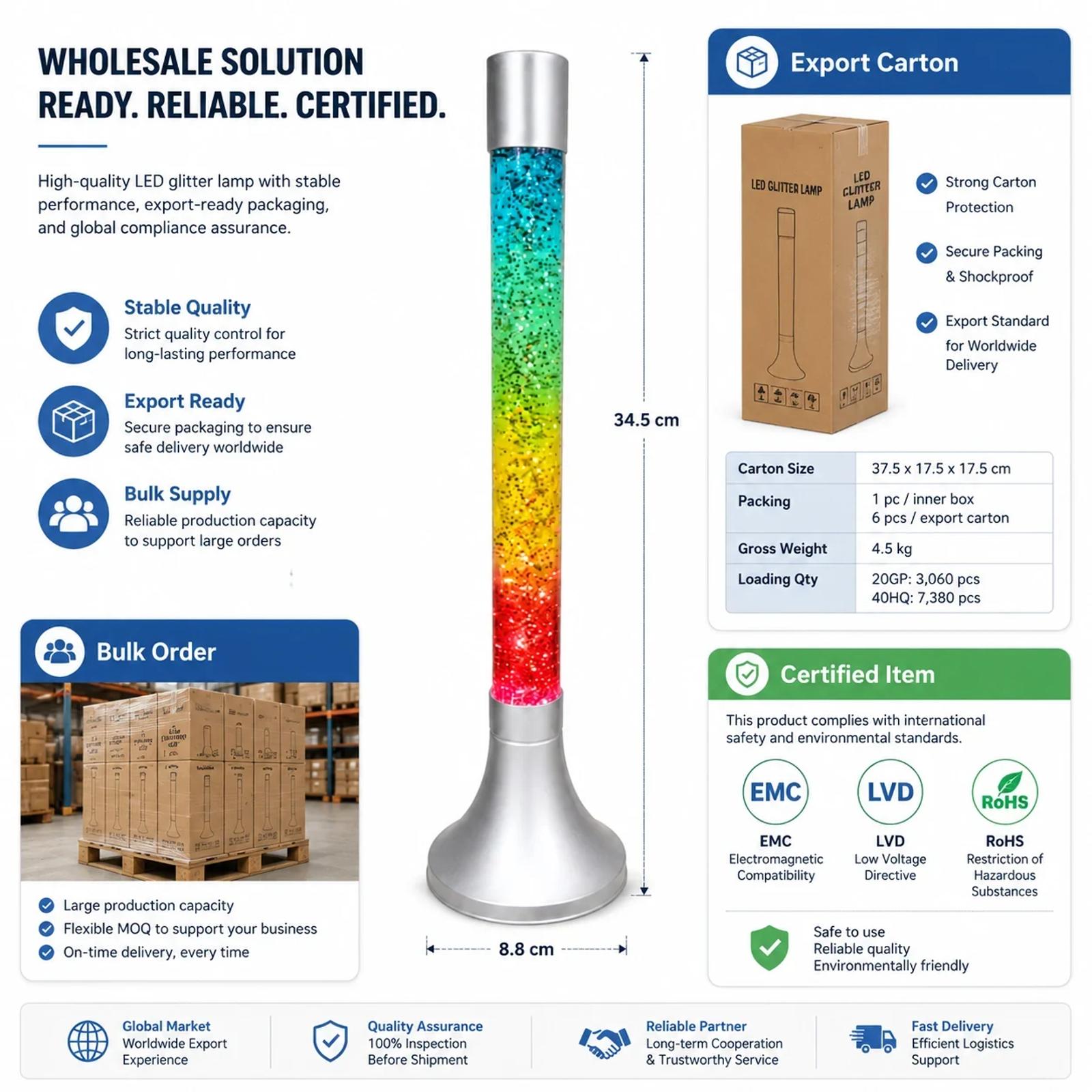 MX-8009 glitter lamp packaging and wholesale supply presentation