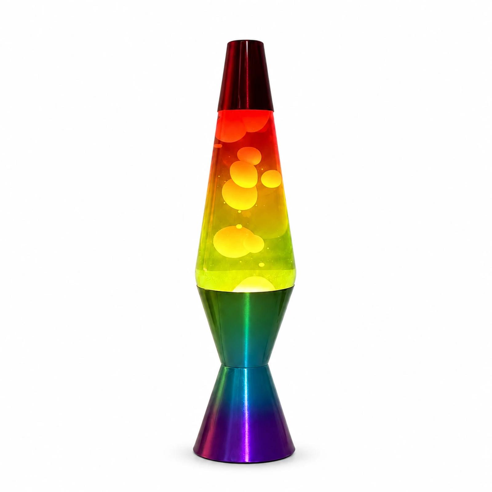 MX-3027R 14 inch rainbow glass lava lamp with red cap, colorful wax, green body and blue purple base on white background