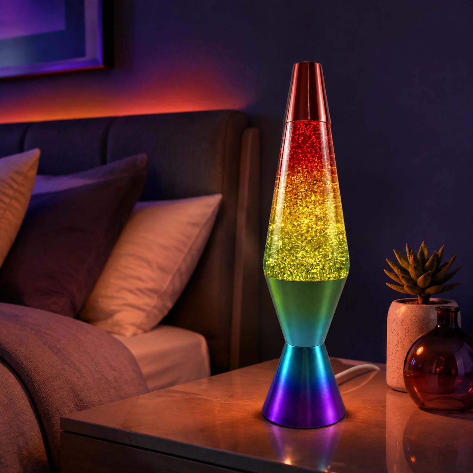 MX-3027A rainbow metal glitter lamp glowing on a bedroom side table