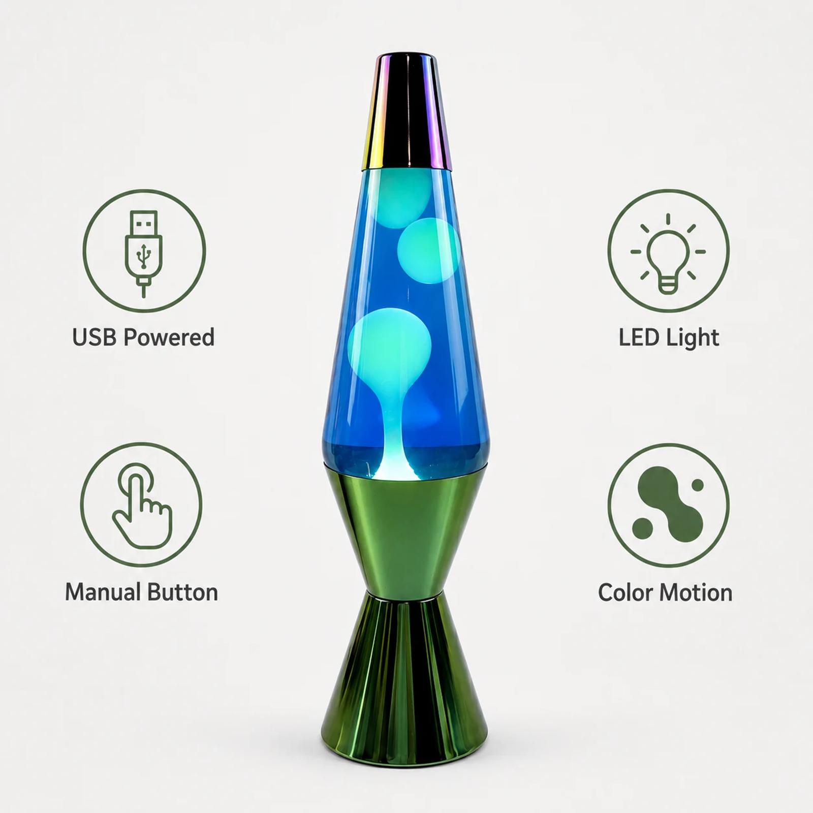Feature overview image for MX-3027B USB powered LED rocket lava lamp with decorative night light positioning.
