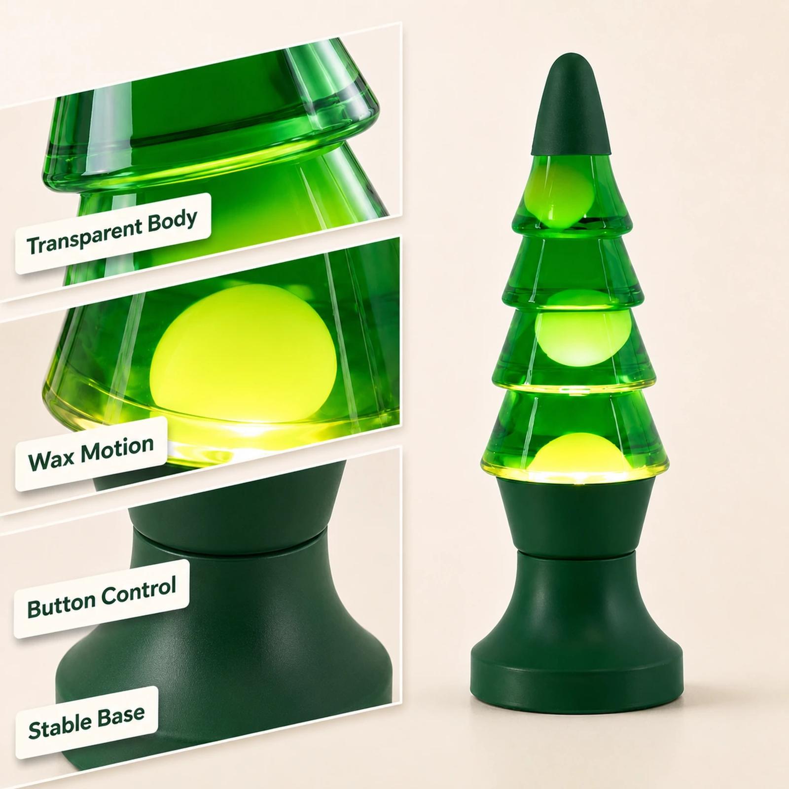 Detail image of MX-3020 Christmas tree lava lamp showing transparent body, wax motion, button control and stable base.