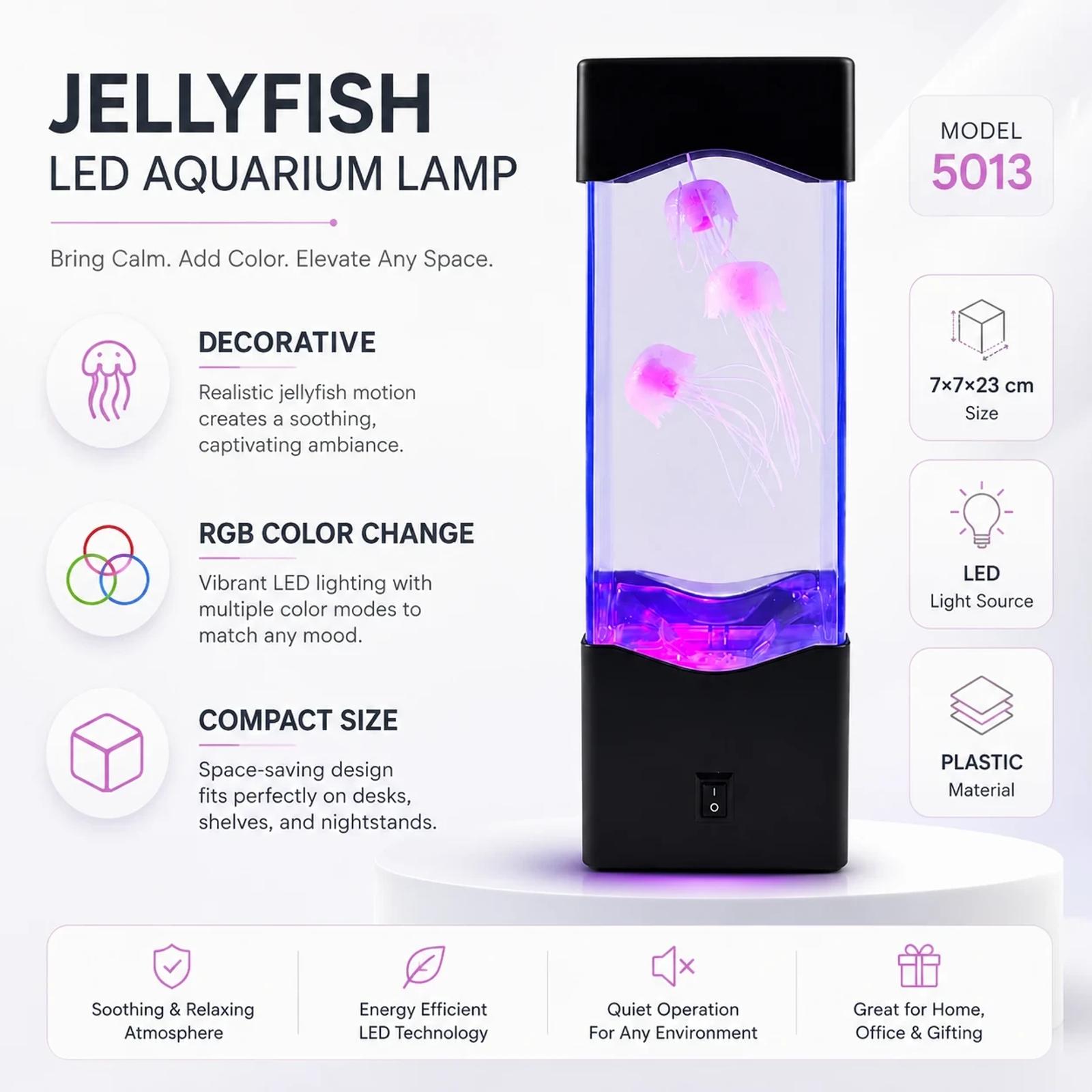 MX-5013 jellyfish night light parameter image showing LED, RGB color change, and 7 by 7 by 23 cm size