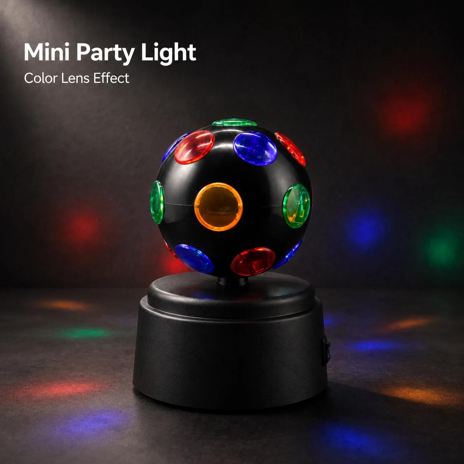 MX-6016-1 mini disco ball party light with colorful lens effect on a dark tabletop background