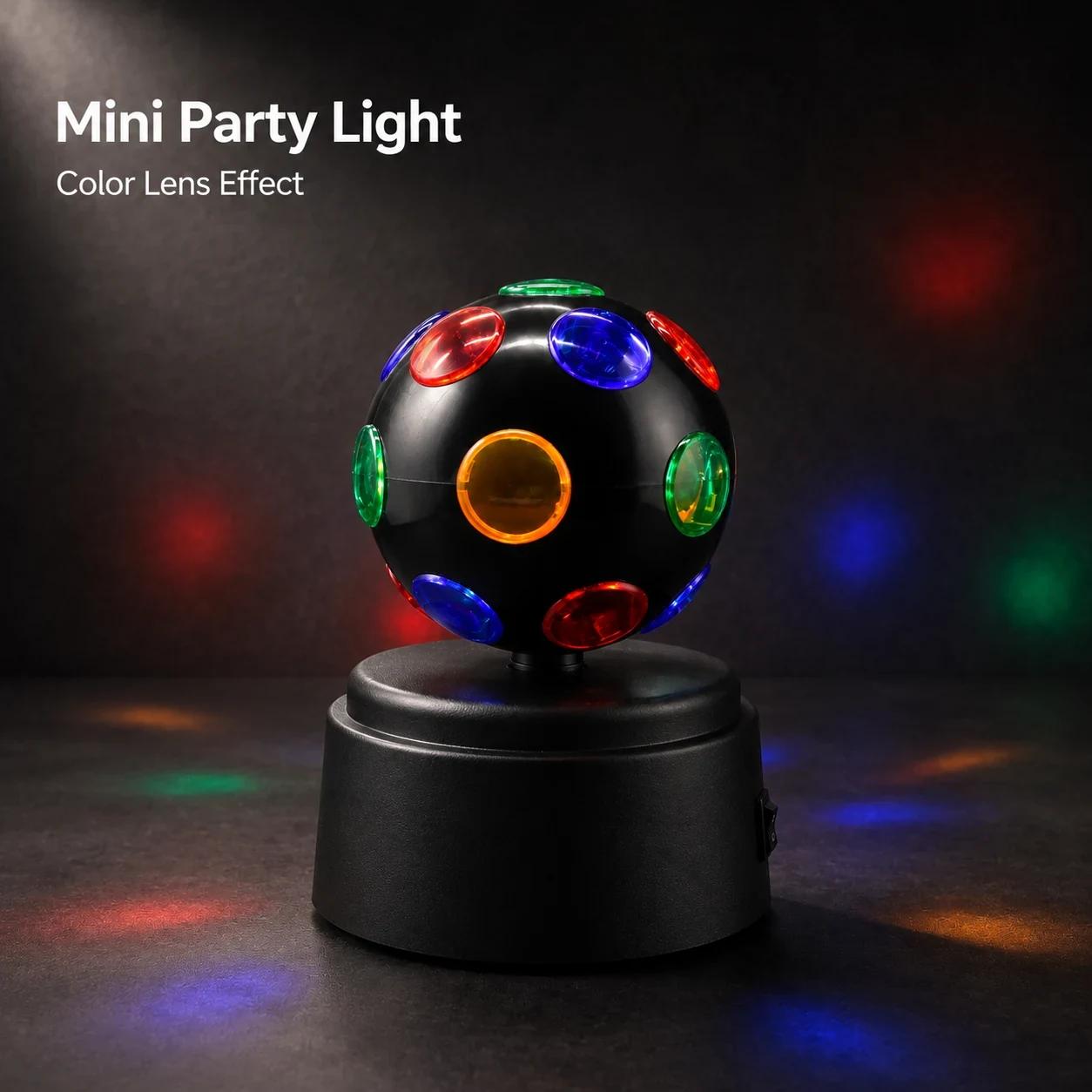 MX-6016-1 mini disco ball party light with colorful lens effect on a dark tabletop background