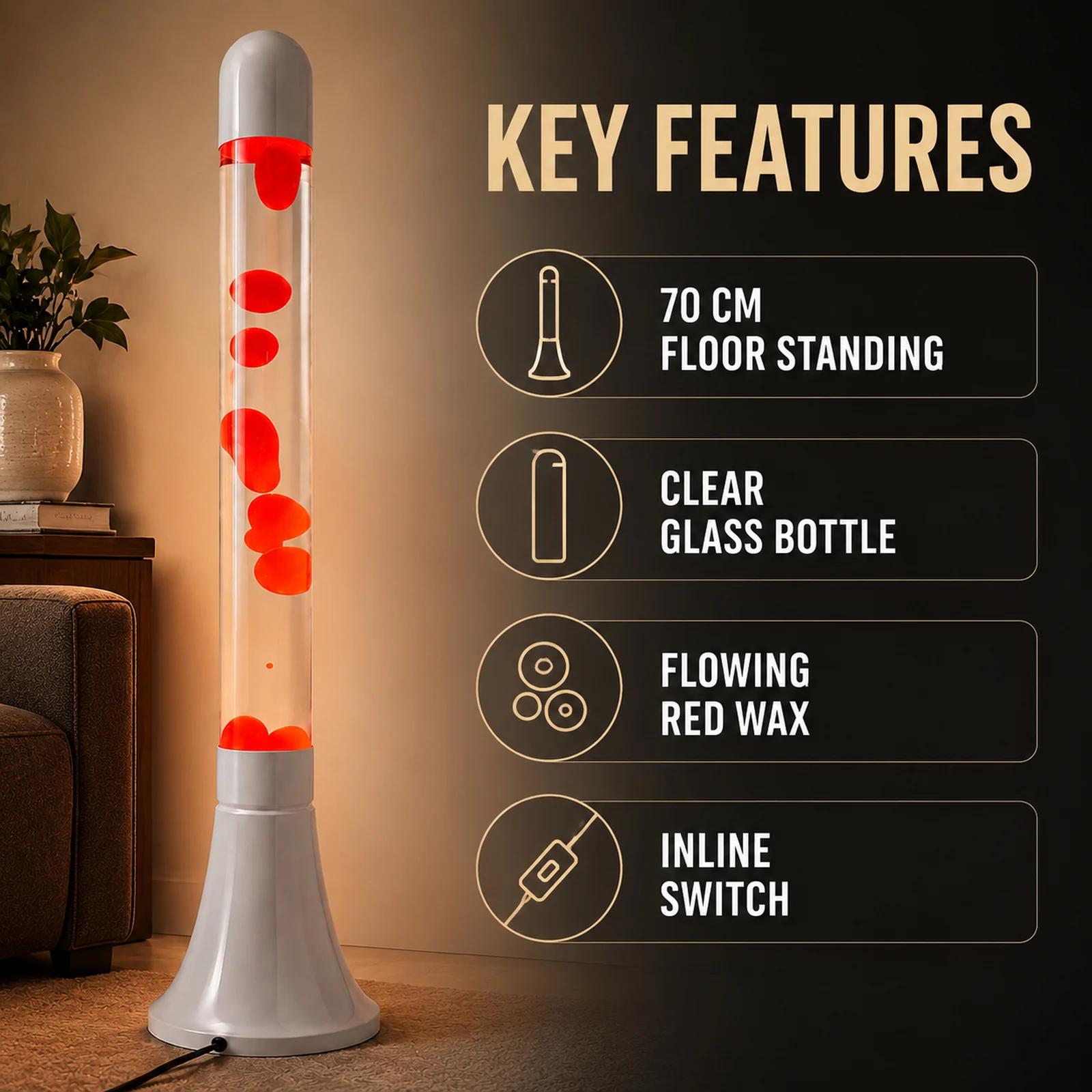 MX-8008 floor standing lava lamp image highlighting its glass bottle red wax and body-color options