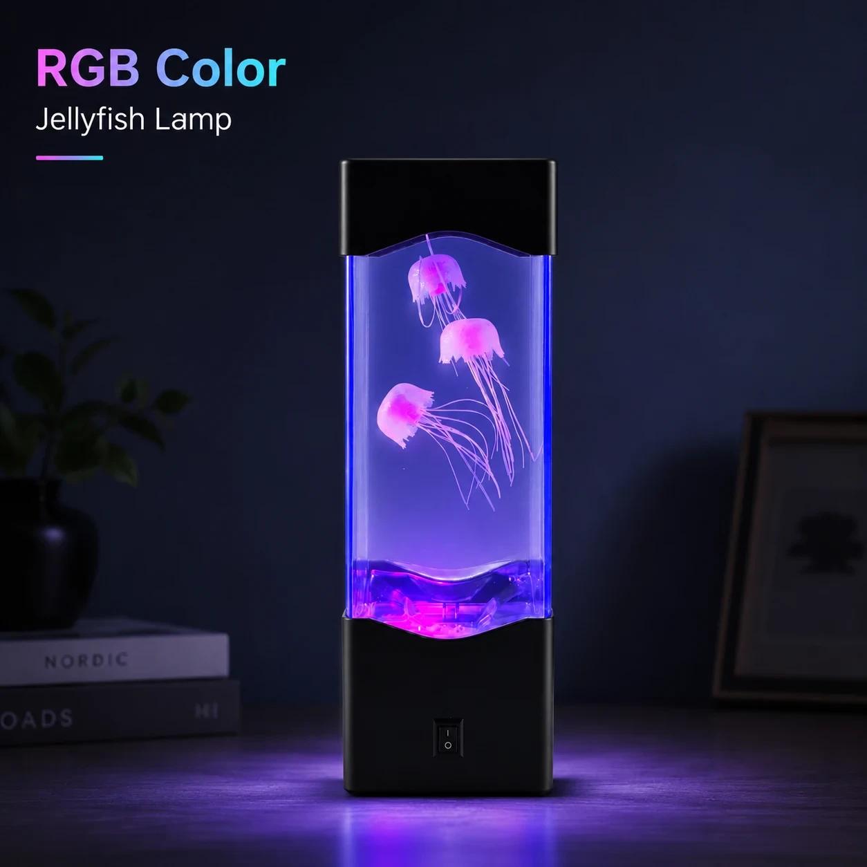 MX-5013 jellyfish LED aquarium fish lamp showing RGB color changing night light effect