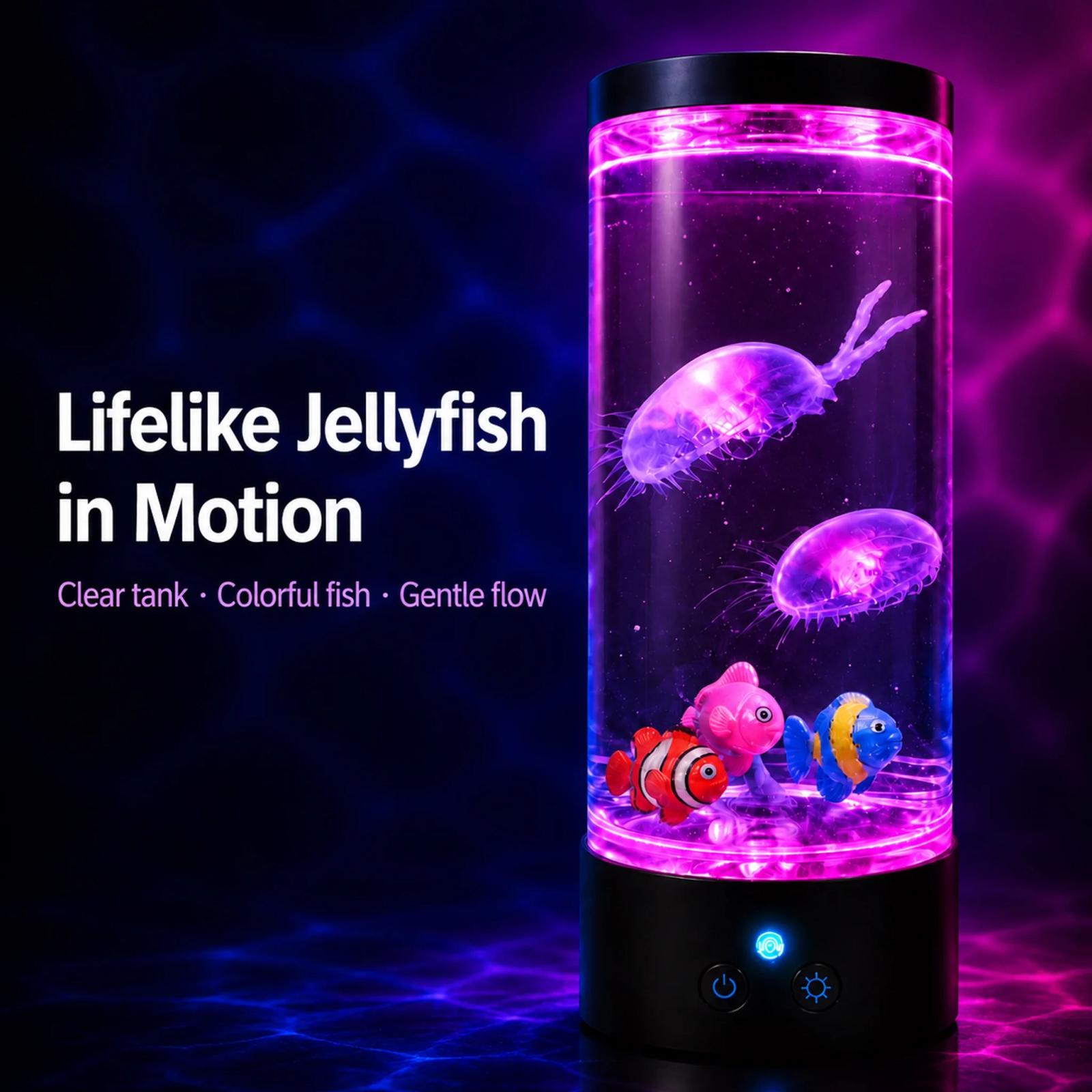 Close-up of moving jellyfish and colorful fish decor inside the MX-5014F lamp