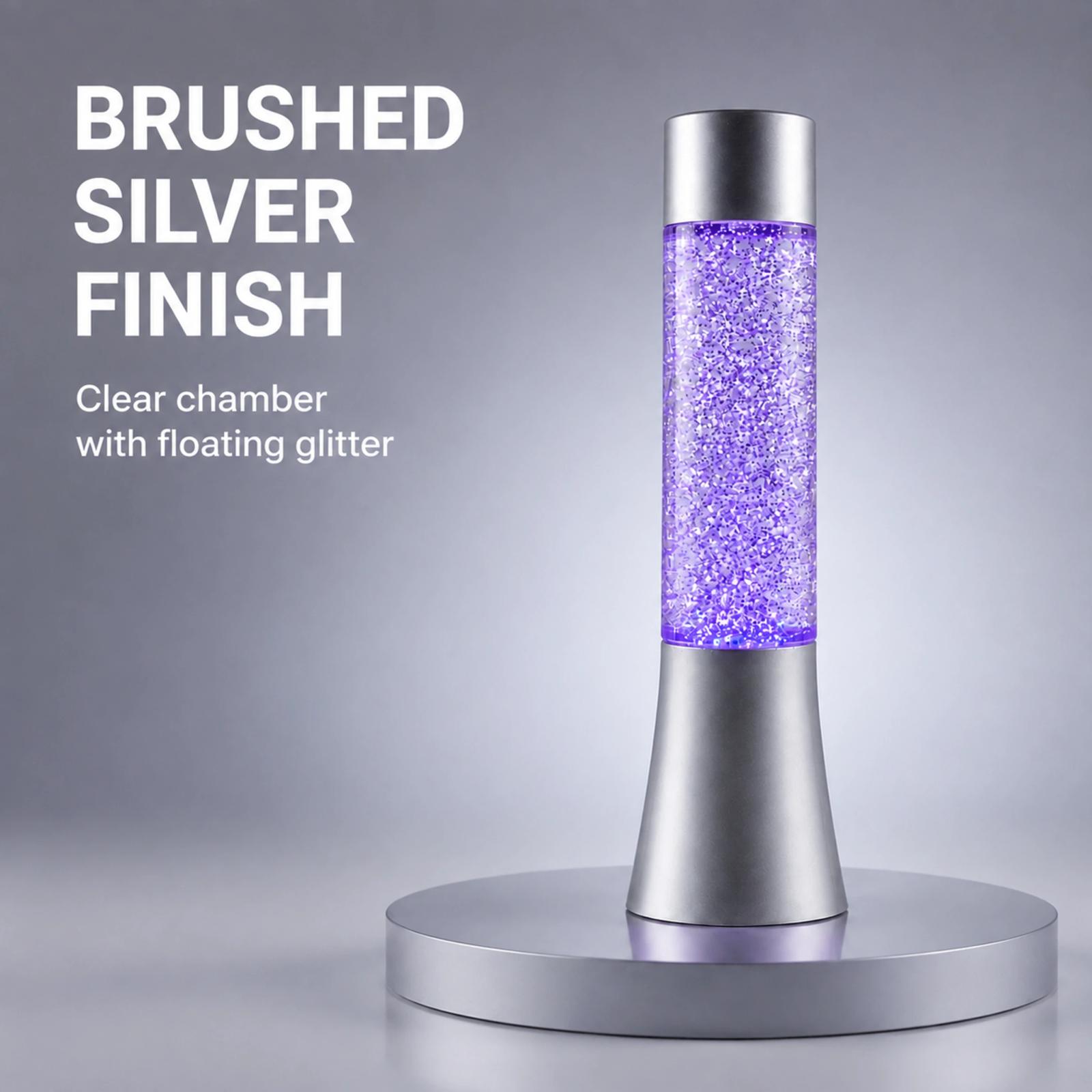 MX-3126C rotating glitter lamp with purple light and brushed silver finish