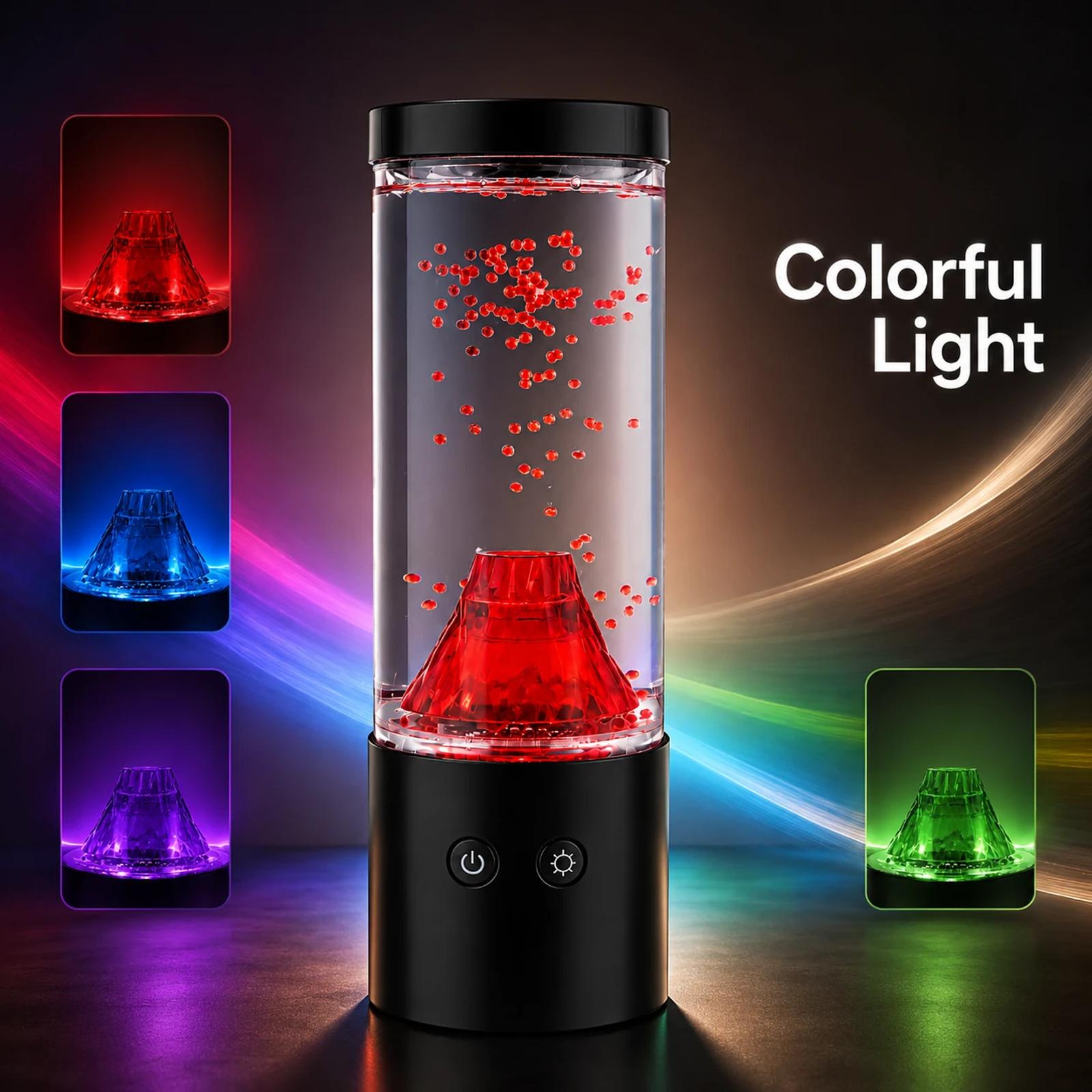 MX-5015V volcano night light shown with colorful ambient light effects and a clear cylindrical water tank.