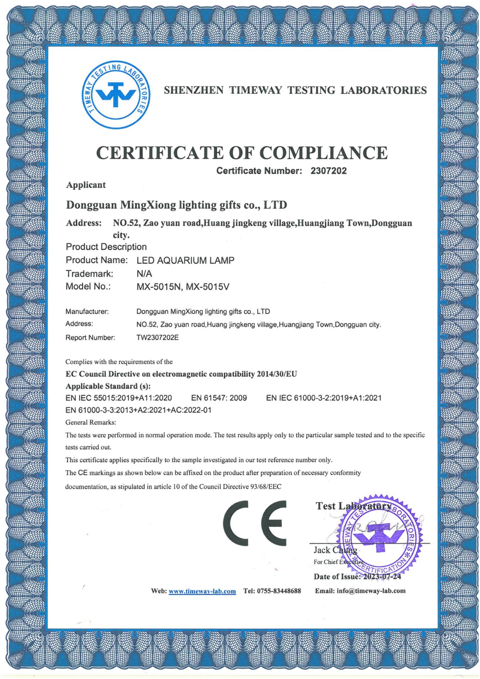 MX-5015V Aquarium Lamp CE EMC certificate preview
